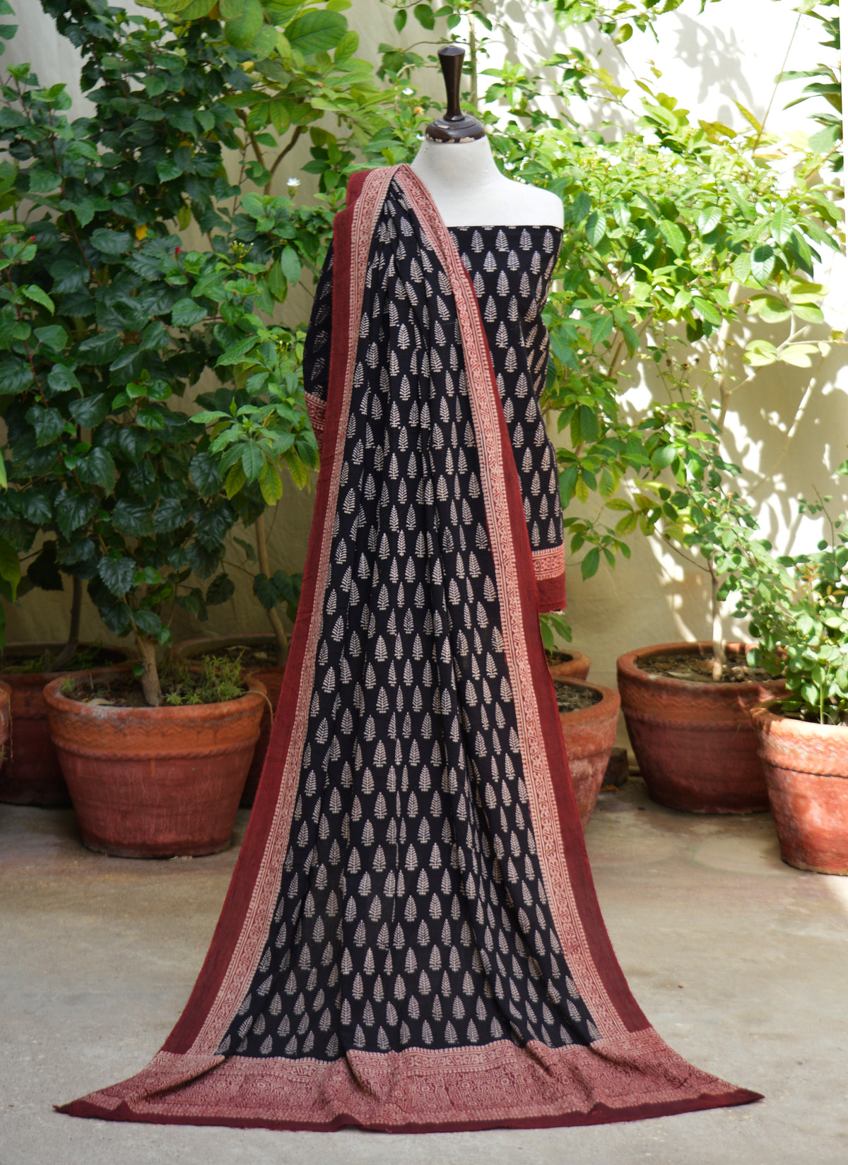 Organic dye hand block printed Ajrak black contrast shirt and dupatta in premium lawn fabric