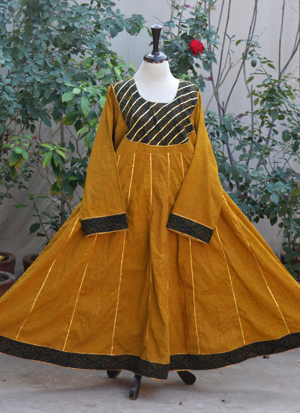 Mustard Ajrak Anarkali with green bdam and gotta lace organic dye hand block printed lawn dress