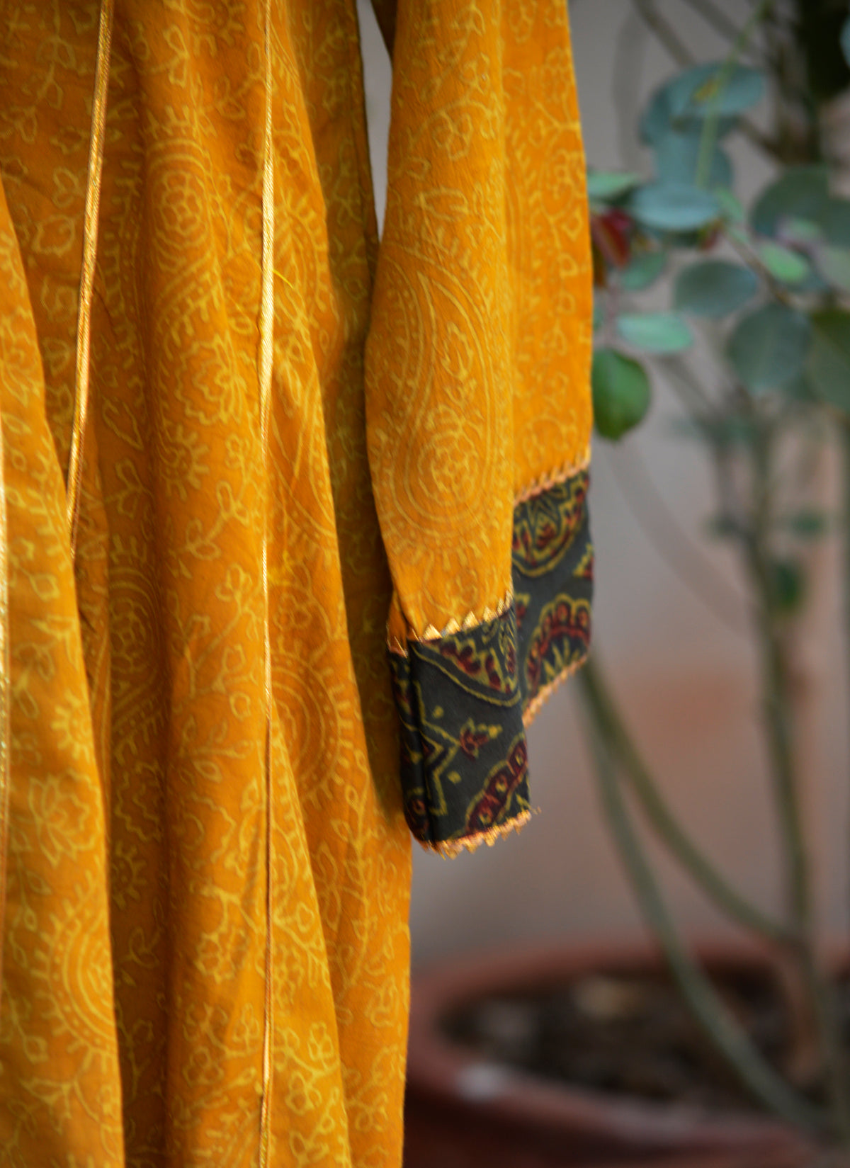 Zarqa Mustard Ajrak Anarkali, Gotta Lace & Green Bdam