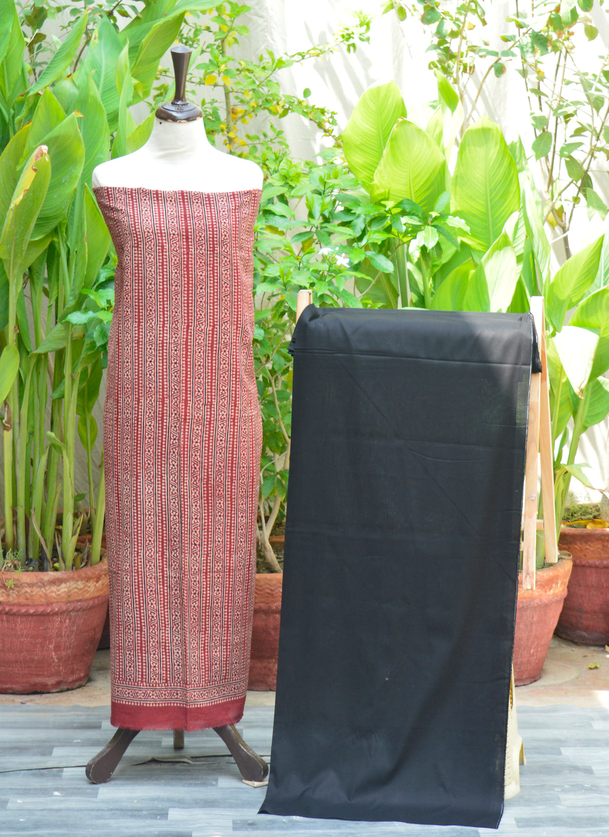 Ajrak Design Dress with red stripe kurta and black trouser, organic dye hand block printed unstitched set.