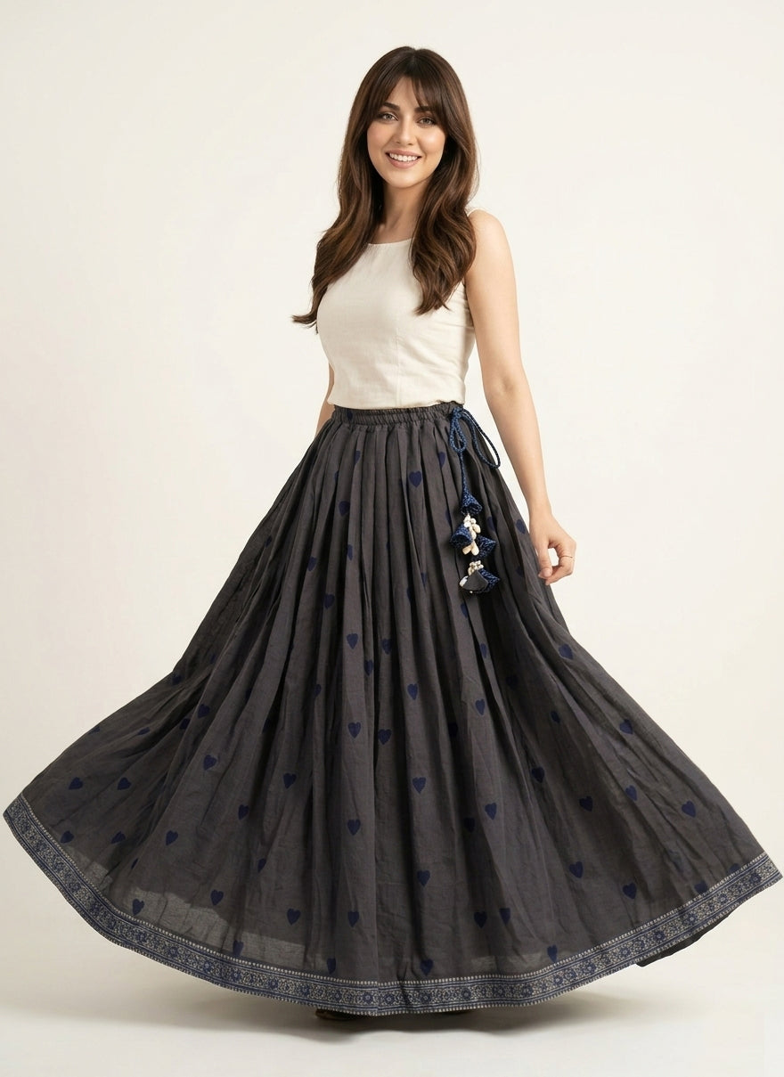 Ajrak Design Dress grey skirt with blue heart motifs and sea shell tassels