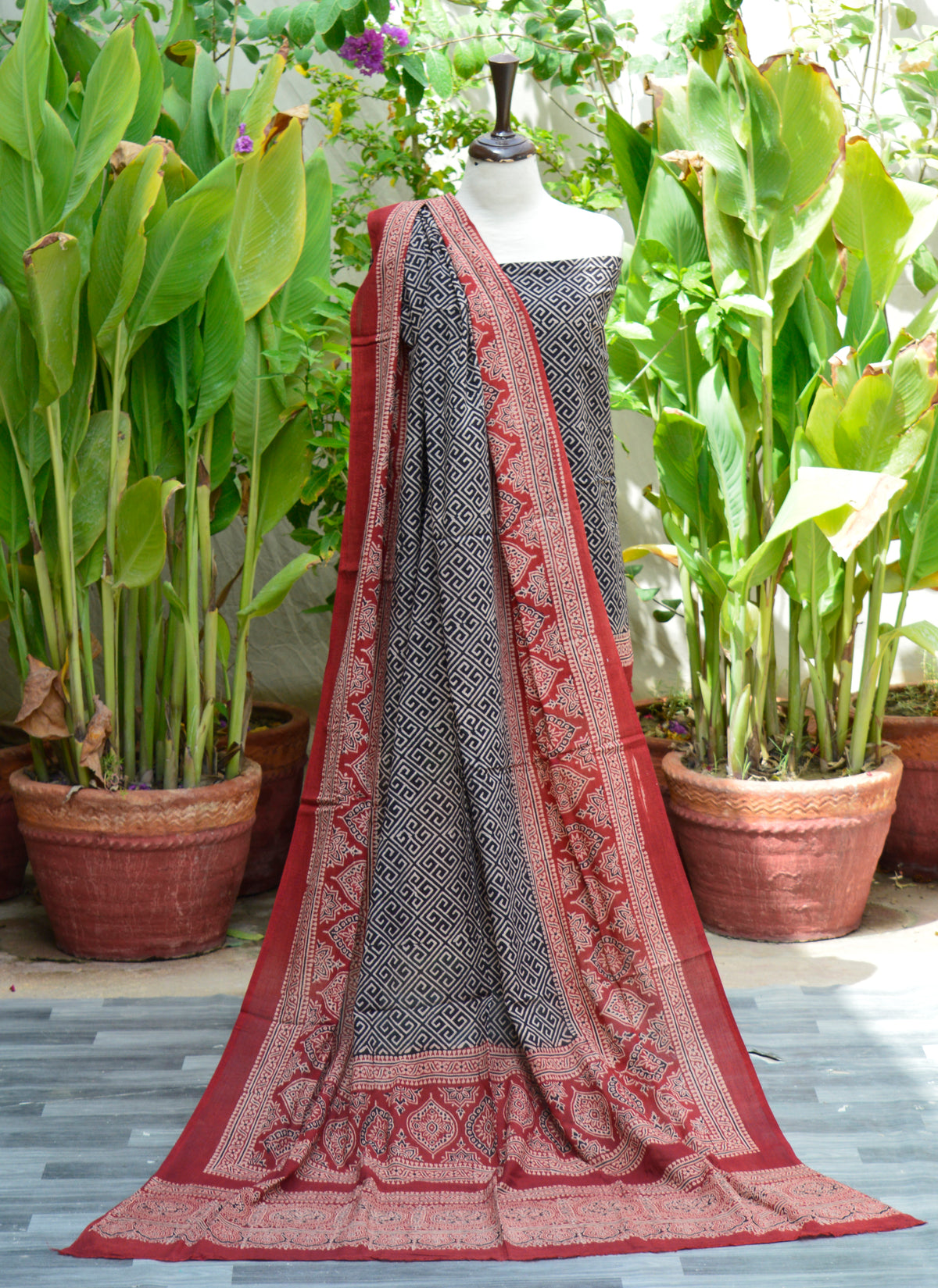 Ajrak Black Taskeen Lawn Dress – Traditional Hand Block Print Two-Piece Pakistani Suit for Women