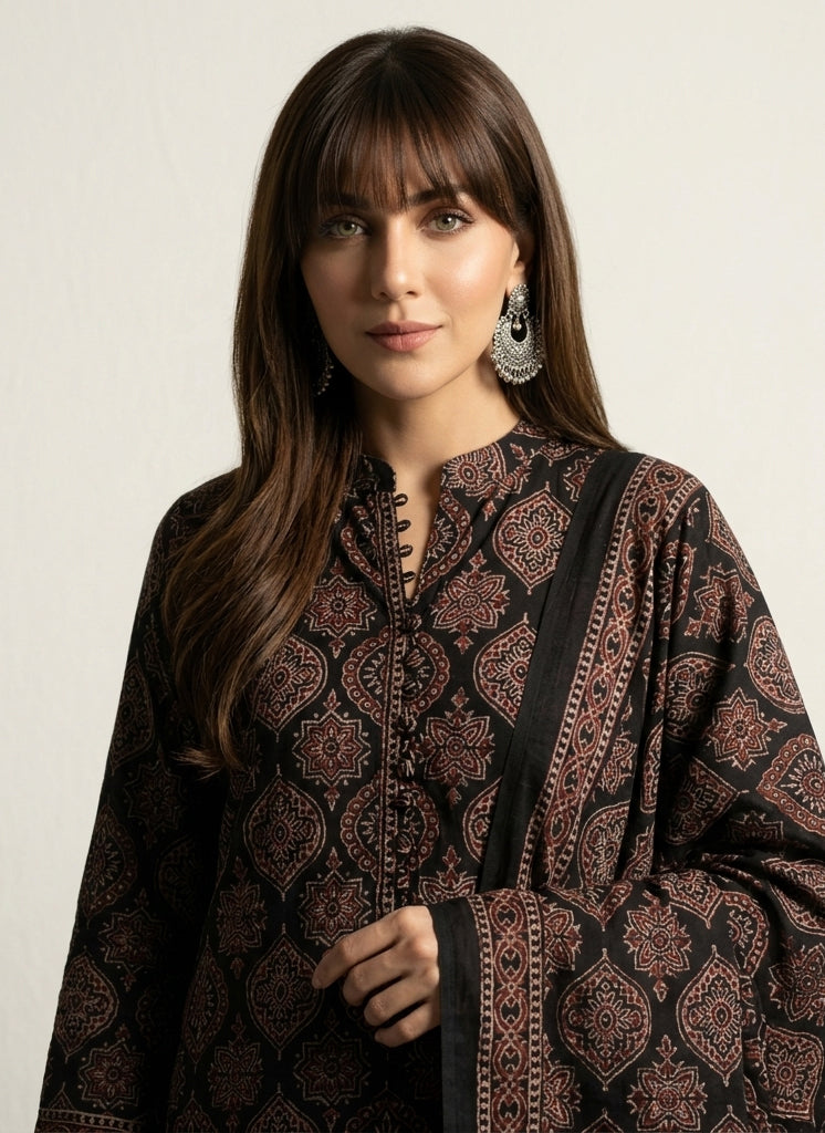 Organic Dye Hand Block Printed Ajrak Two Tone Badam lawn two-piece with unstitched shirt and matching dupatta