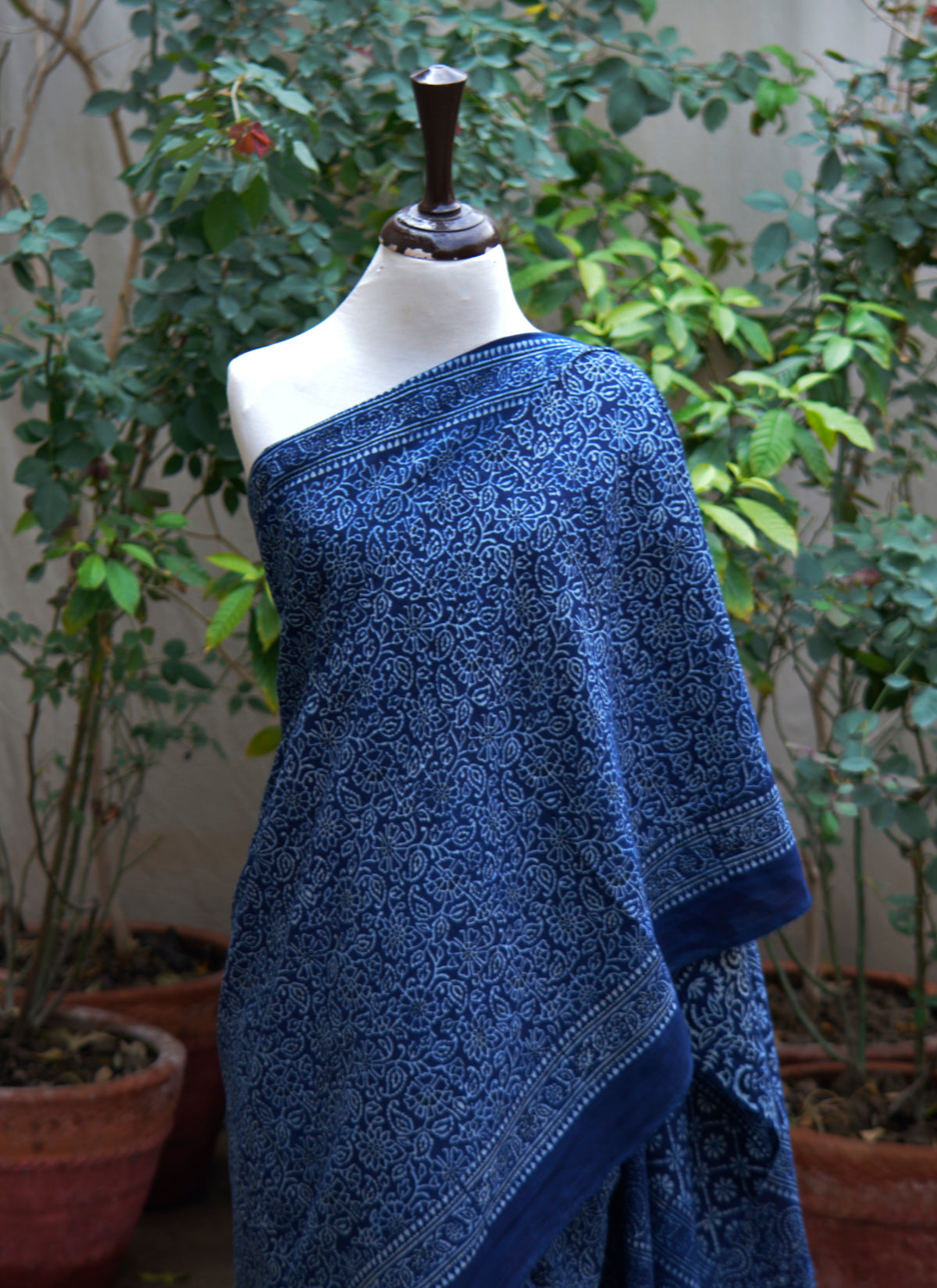 Blue indigo Ajrak saree hand block print organic dyed traditional saree Pakistan Ajrak Design Dress