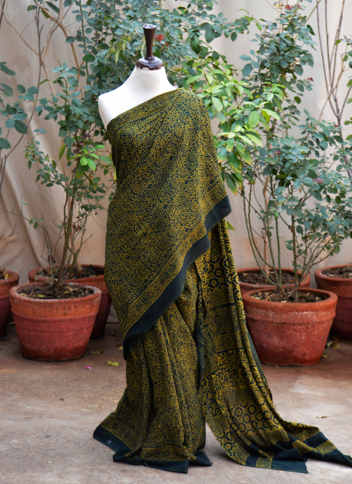Green Ajrak saree organic dye hand block printed lawn saree with blouse Pakistan