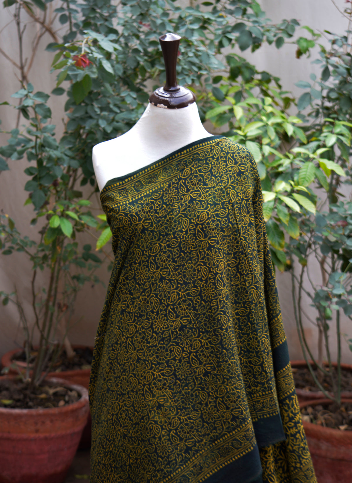 Premium green Ajrak saree hand block printed lawn cultural fashion Pakistan