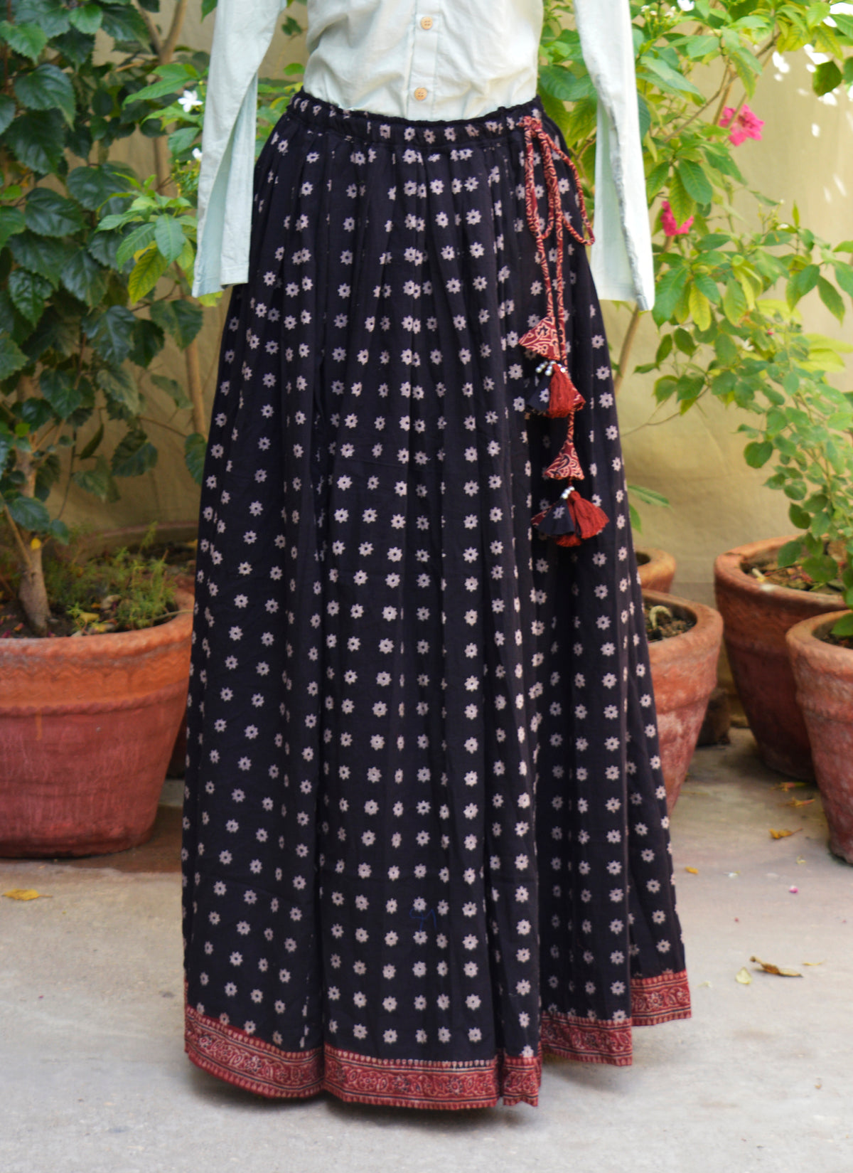 Ajrak Design Dress black lawn maxi skirt with gotta tassel dori and traditional Sindhi print