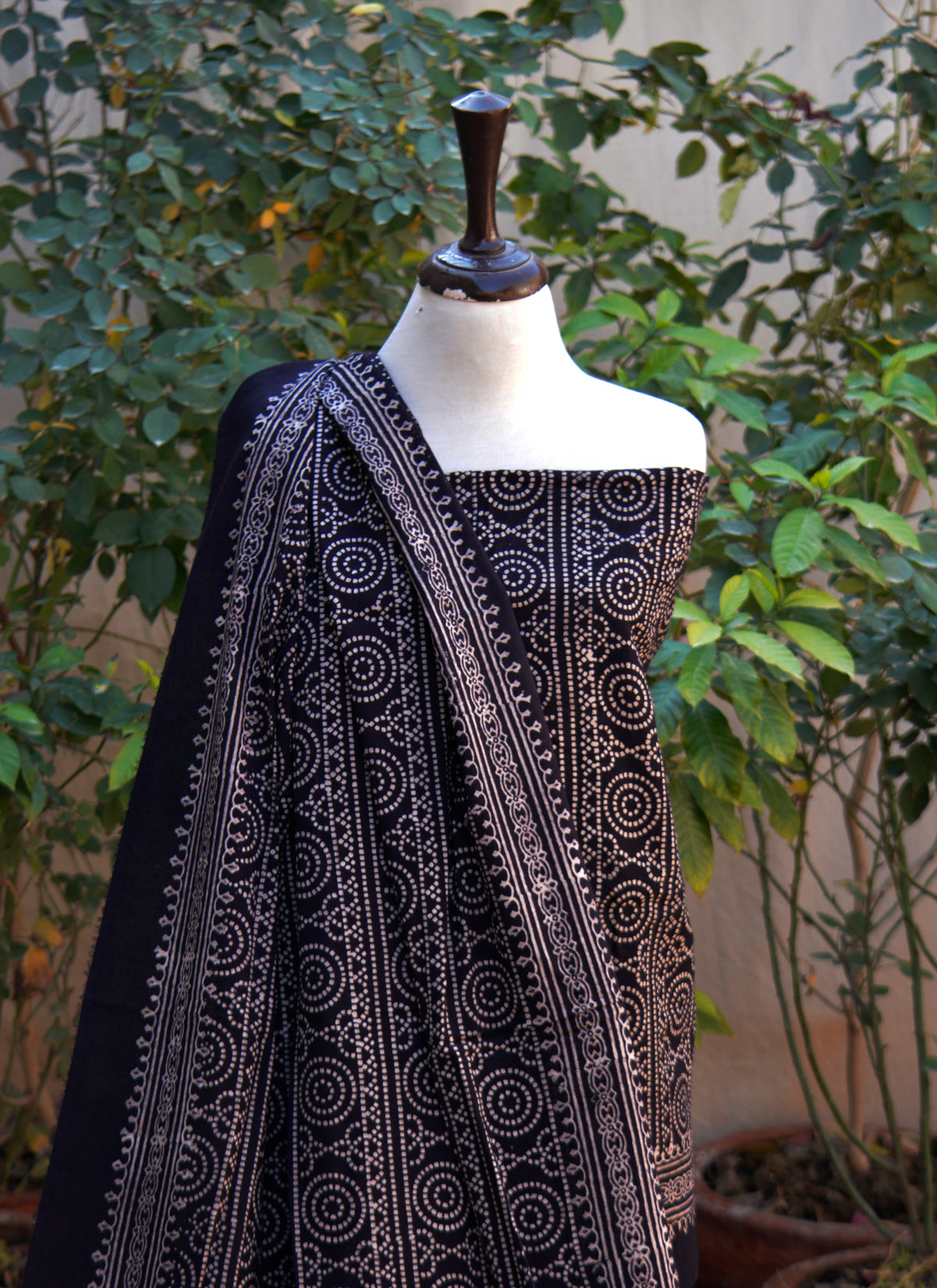 Traditional Sindhi Ajrak Design Dress Chunri black organic dyed fabric close up