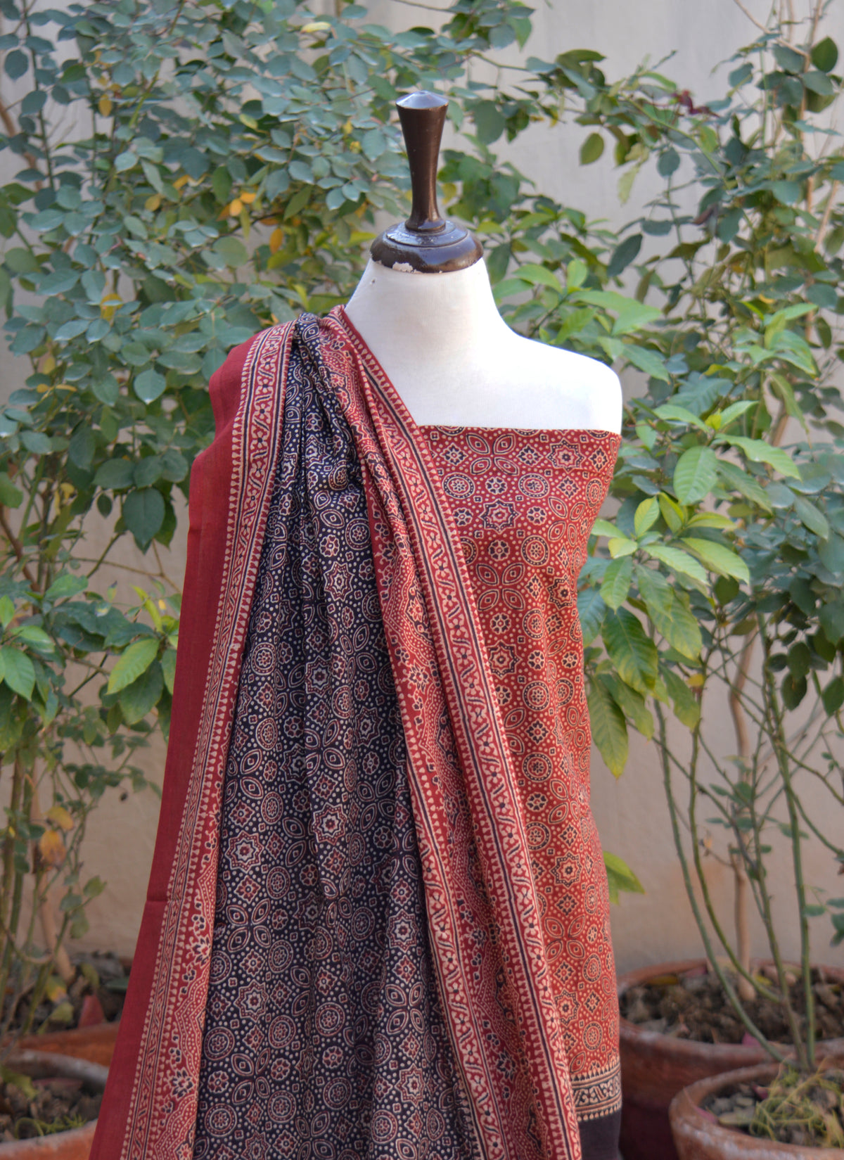 Traditional Sindhi Ajrak Design Dress Phulli contrast organic dyed fabric close up detail