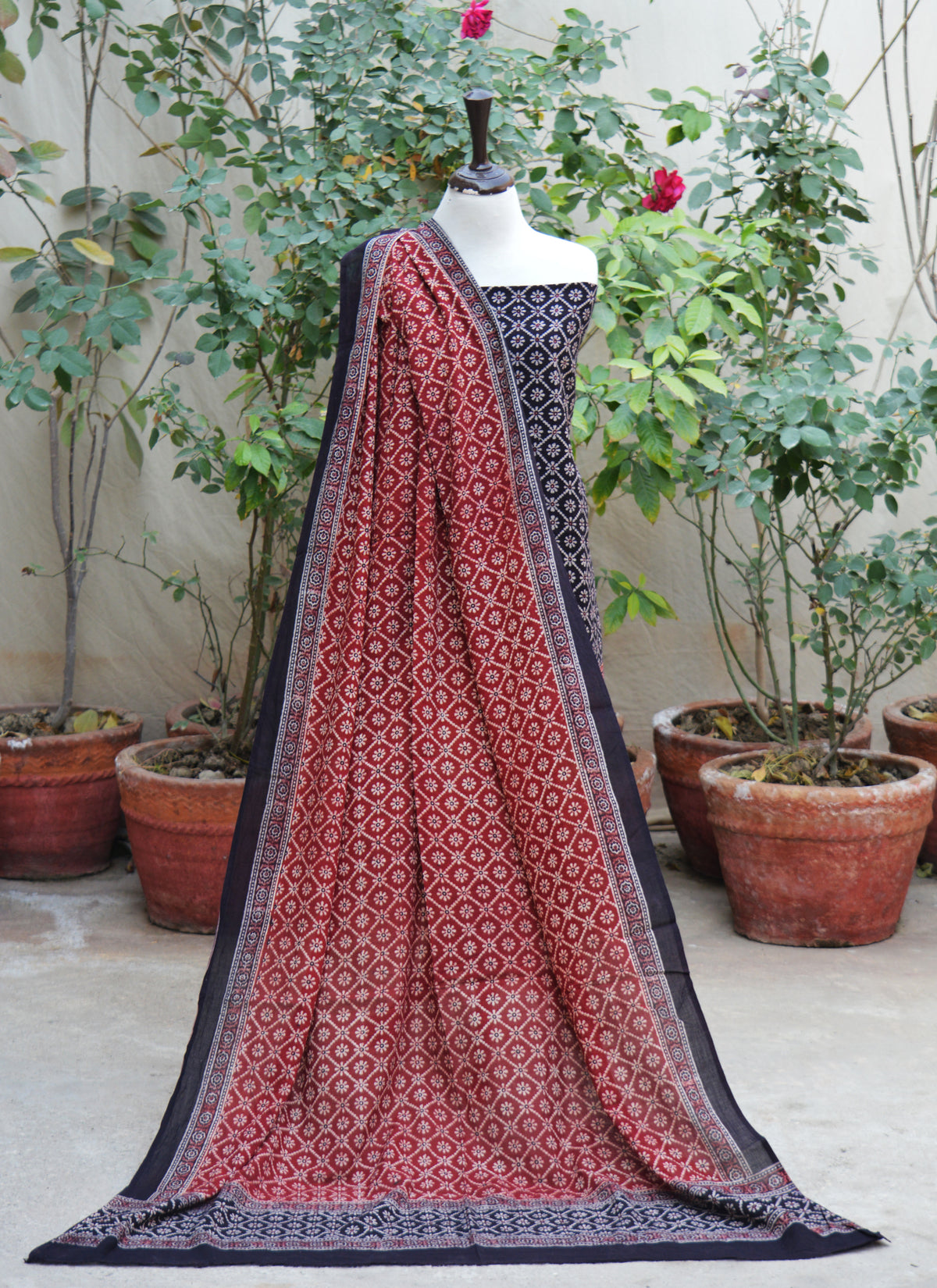 Ajrak Design Dress Floral Jaal Contrast organic dye hand block printed lawn two piece