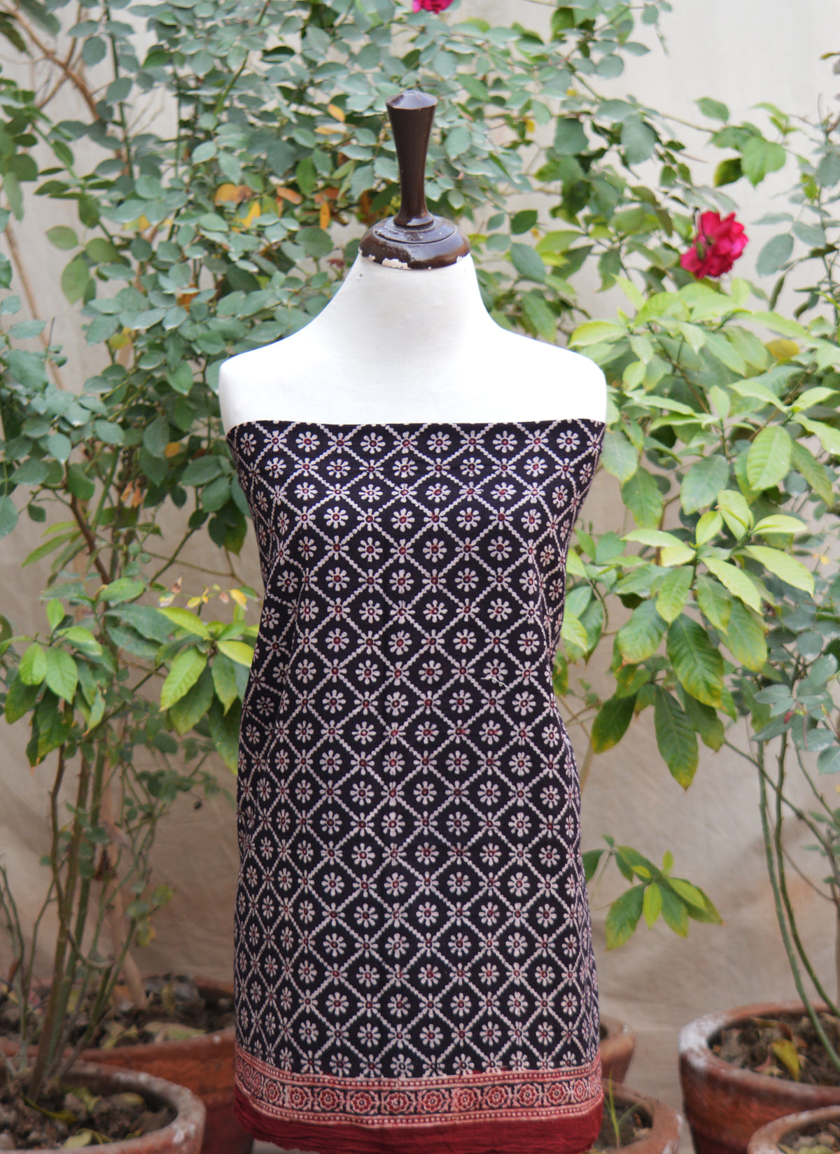 Organic dyed Ajrak Floral Jaal Contrast lawn two piece ethnic wear