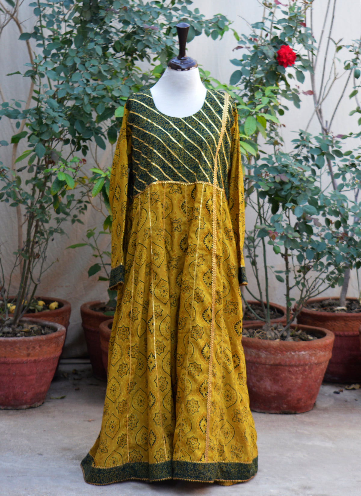 Ajrak Design Dress mustard Anarkali lawn with organic dye hand block print