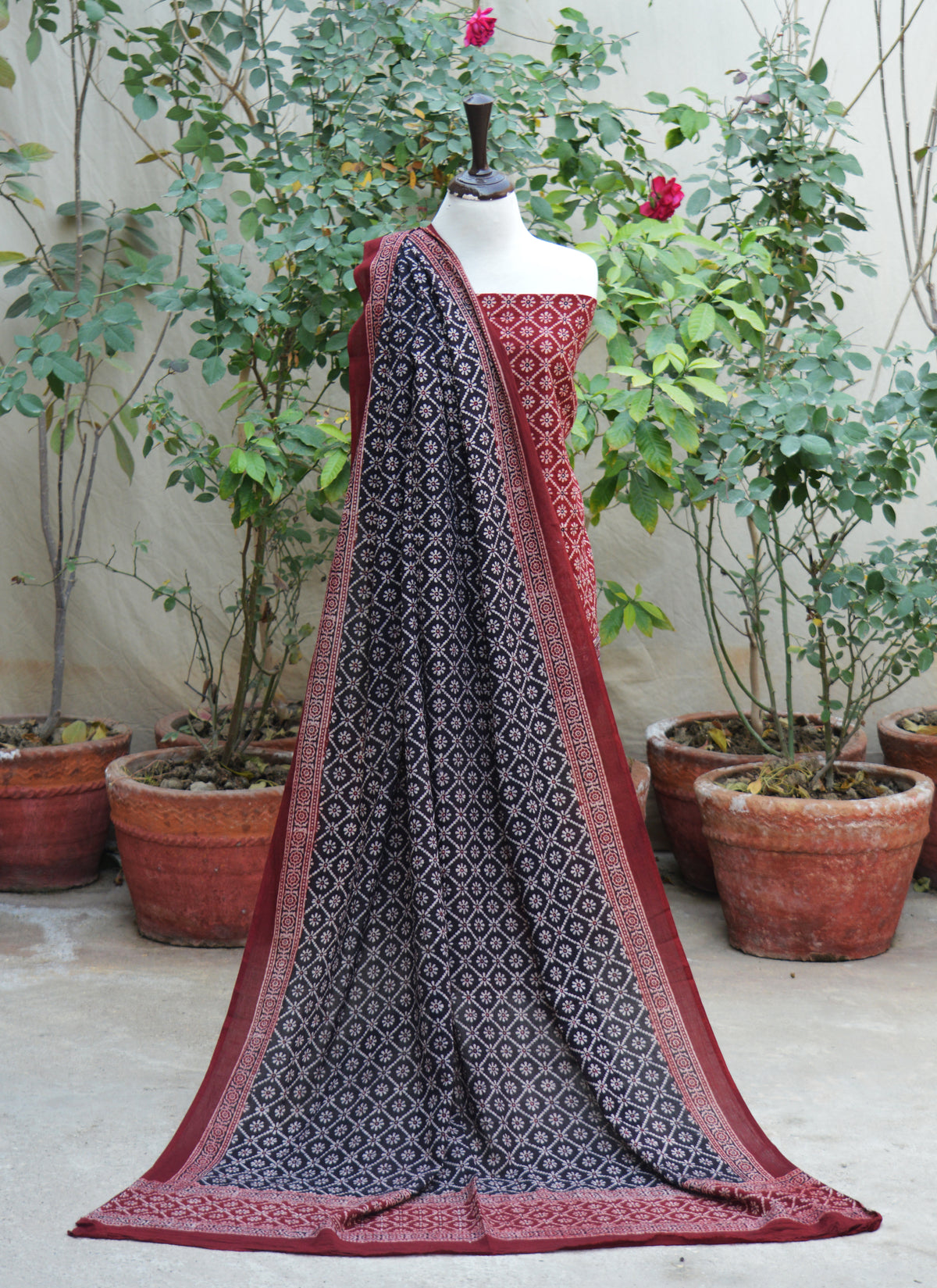 Ajrak Design Dress floral red black organic dye hand block printed lawn two piece