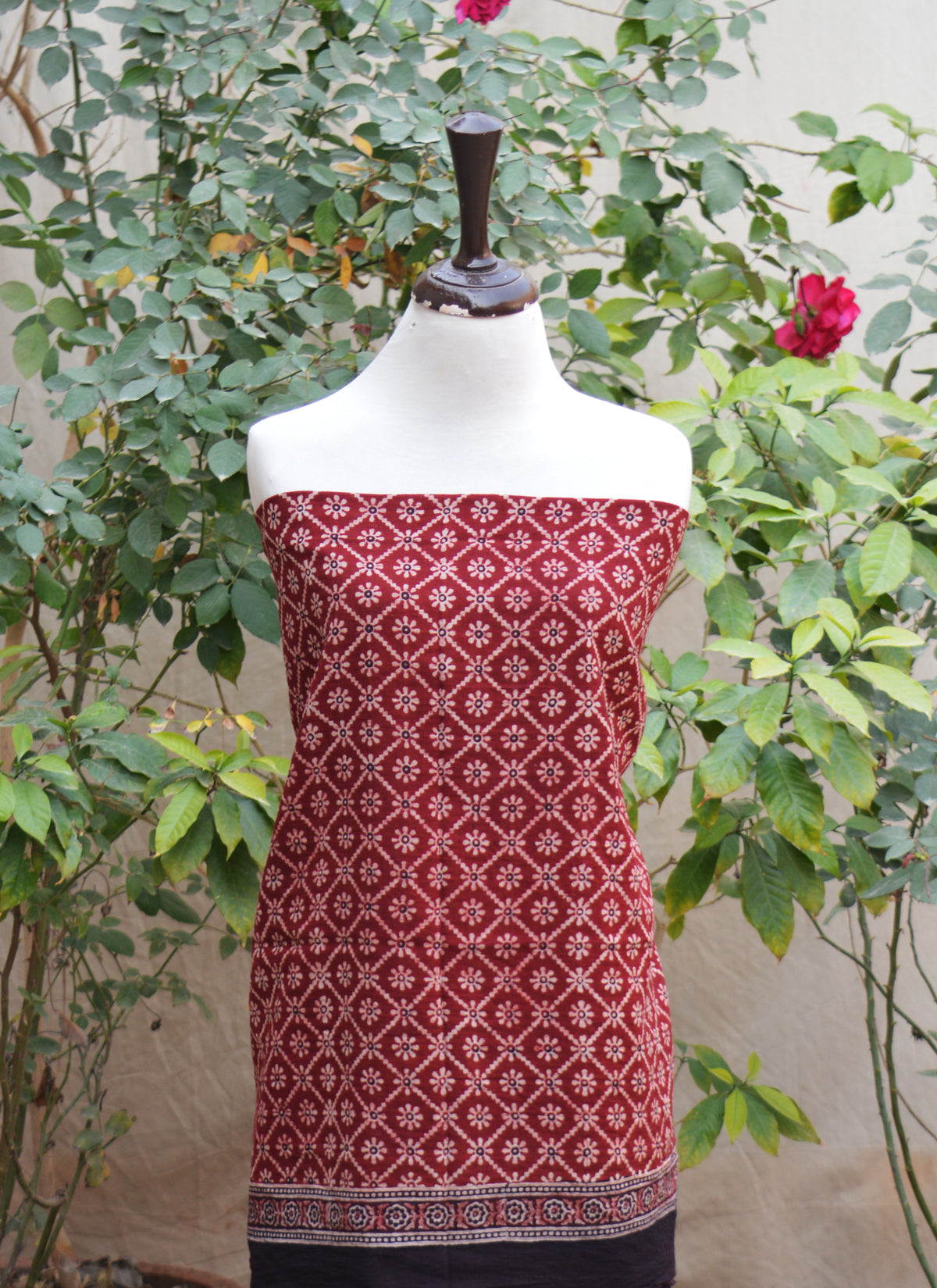 Organic dyed Ajrak two piece floral red black lawn fabric ethnic wear