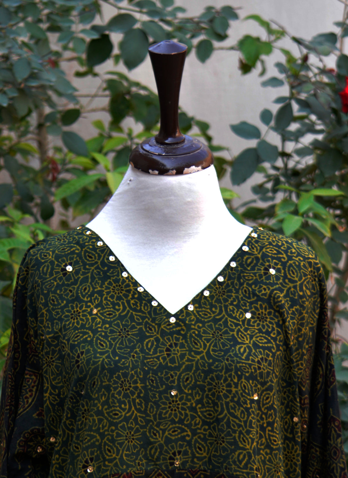 Emerald Ajrak stitched frock with embellished neckline sleeves and gotta lace plazo traditional outfit