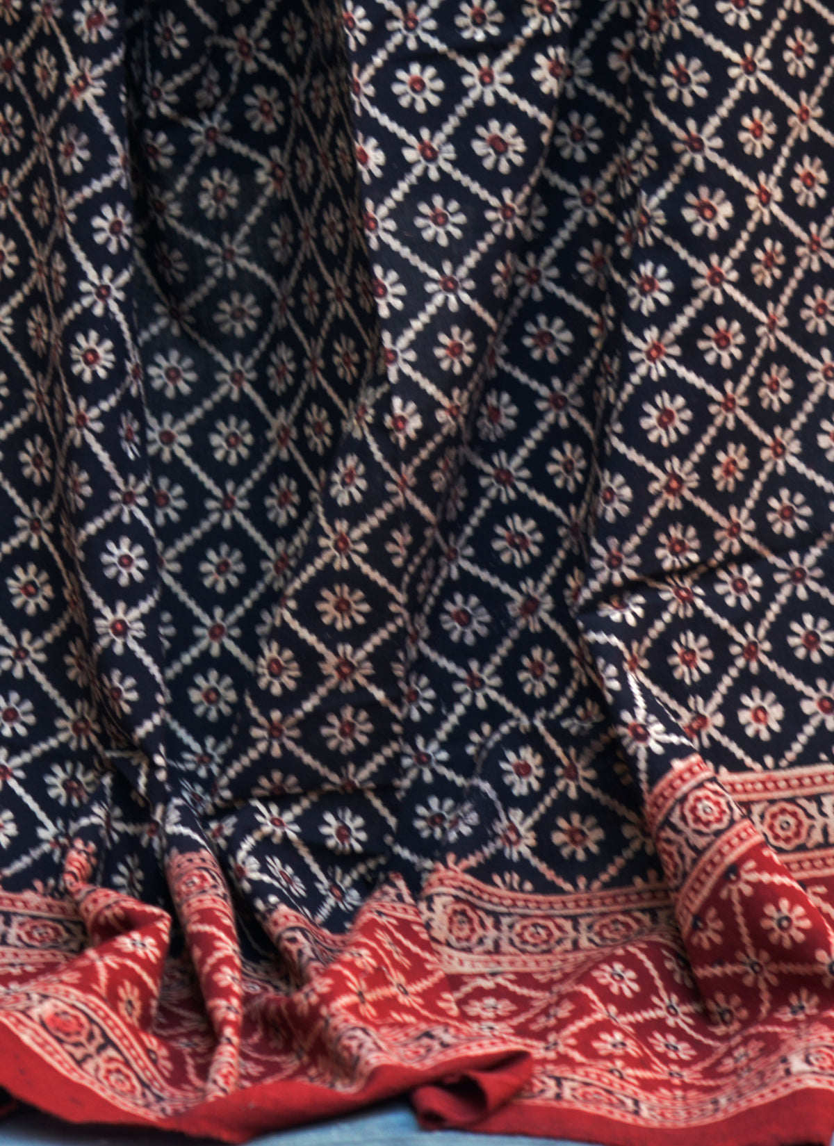 Pure cotton Ajrak Chadar Floral Jaal motif, hand block printed with organic dyes – sustainable Ajrak Design Dress piece