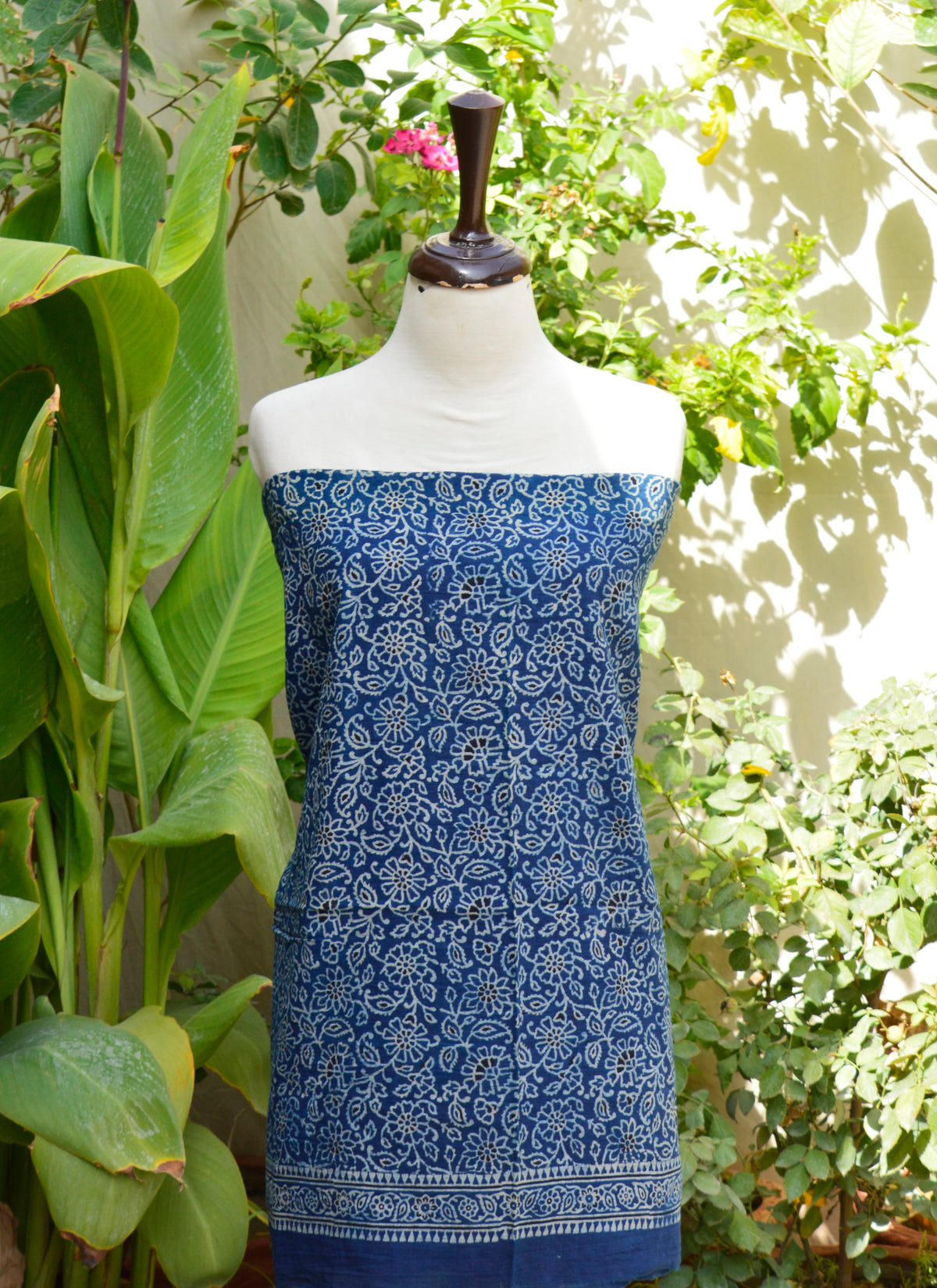 Hand block printed Ajrak two-piece – indigo floral design in soft lawn