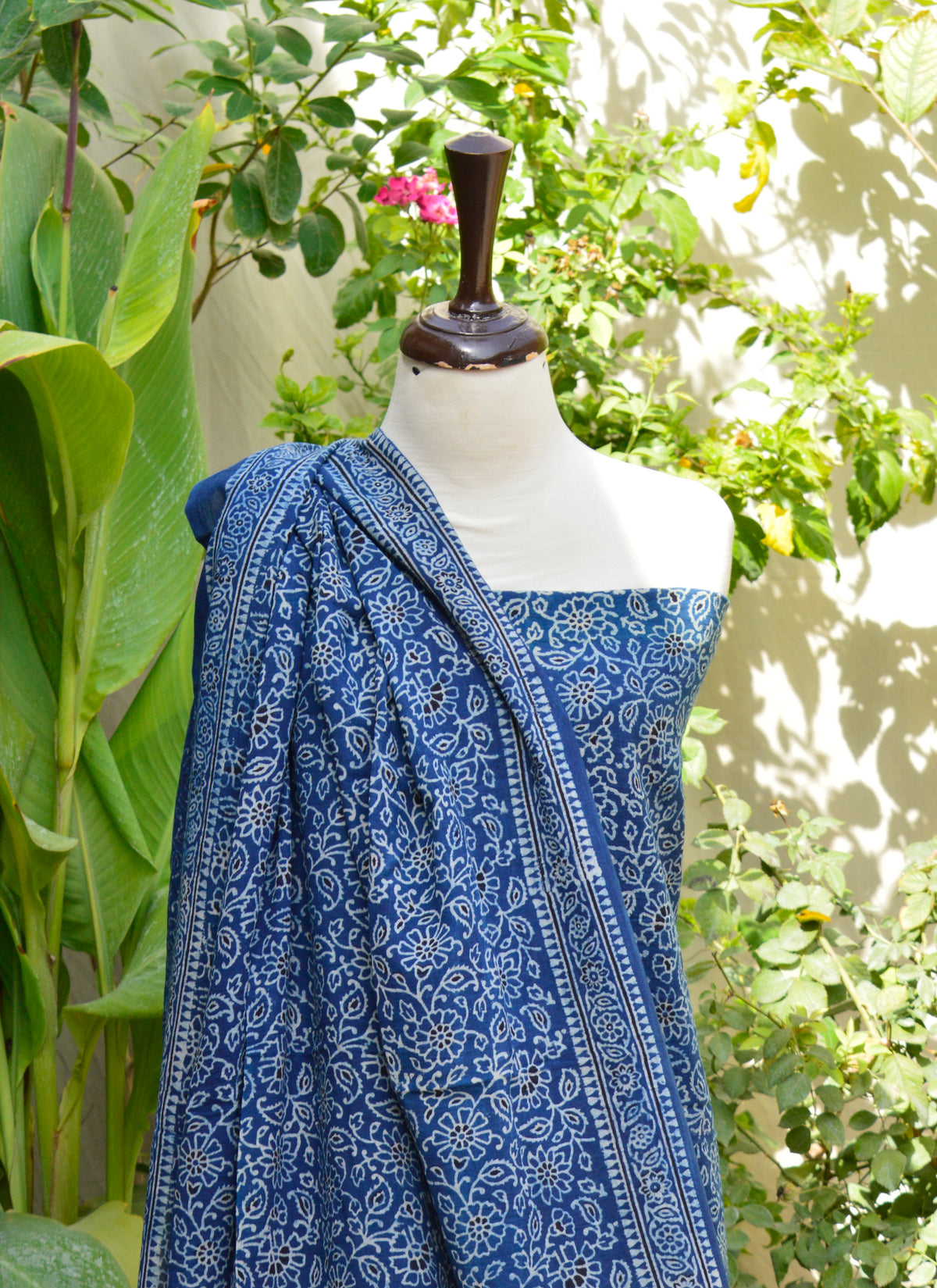 Unstitched indigo Ajrak suit – floral Bel motif on organic dyed lawn fabric