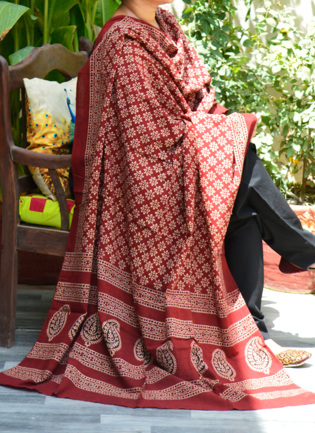 Hand block printed Ajrak chaadar – floral design with organic dyes