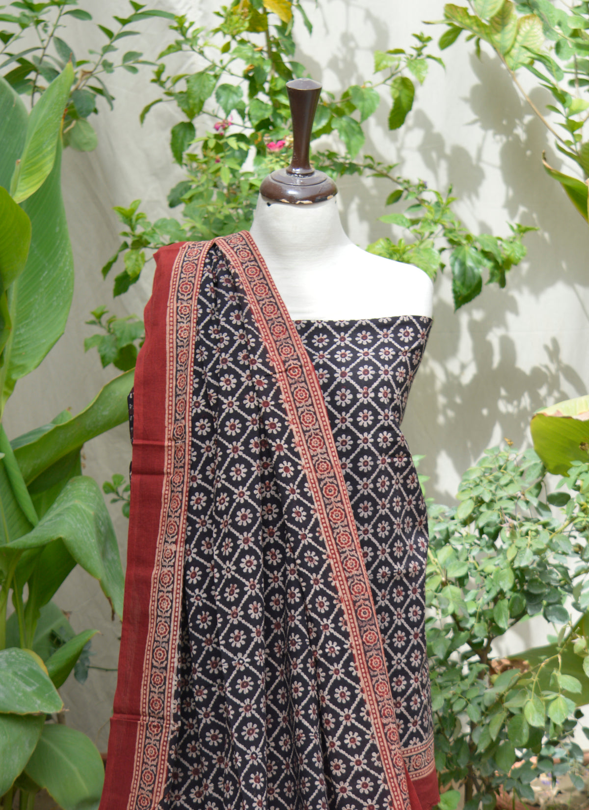 Traditional Ajrak unstitched shirt and dupatta with floral patterns and eco-friendly dyeing