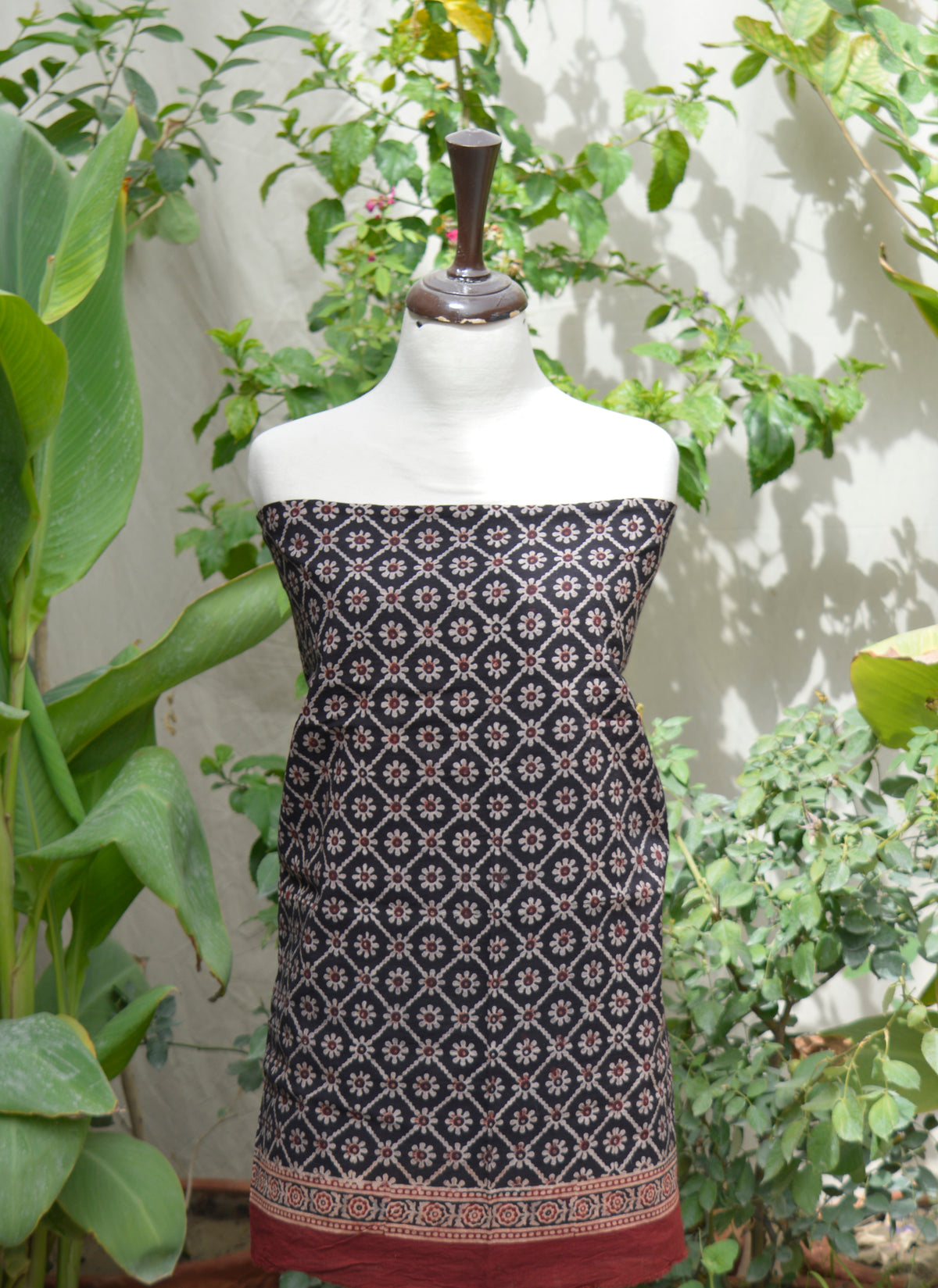 Organic dye Ajrak black dress with intricate floral jaal hand block printing on breathable fabric