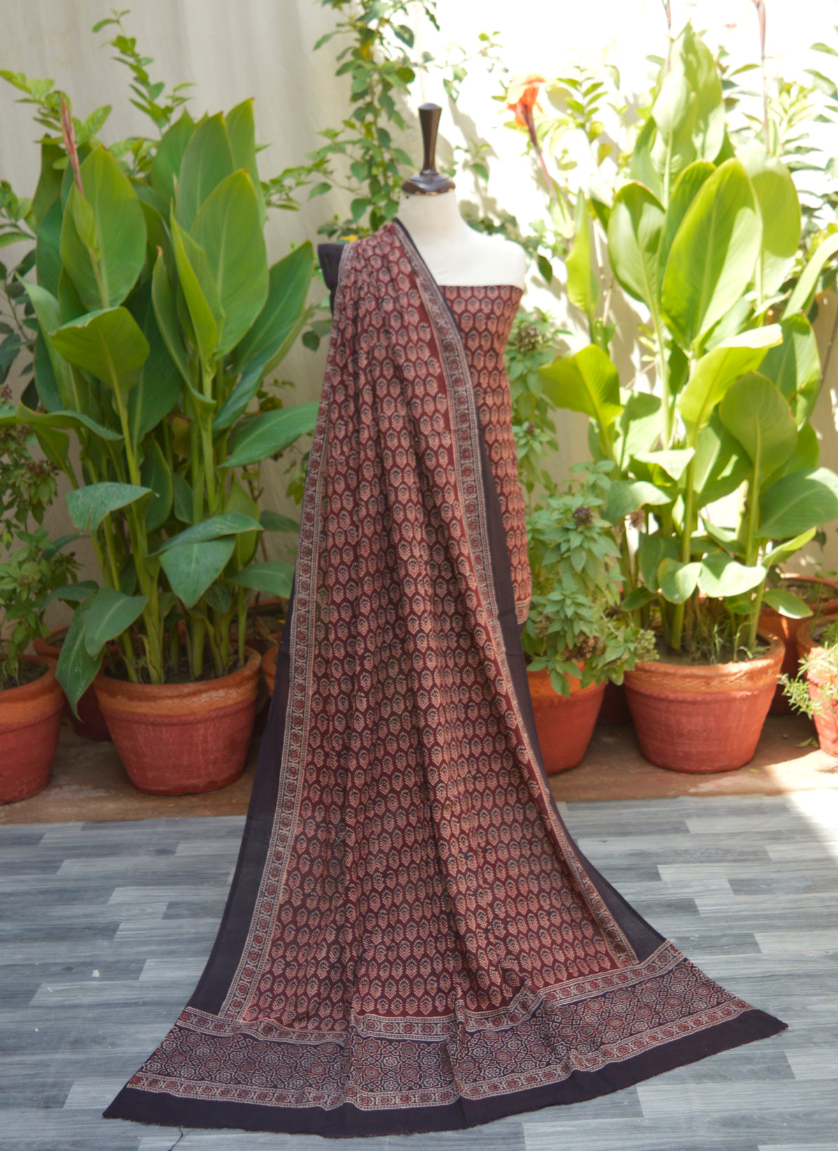 Ajrak Floral Maroon Dress two-piece set with handcrafted traditional floral prints on pure lawn fabric, featuring a stylish shirt and matching dupatta.