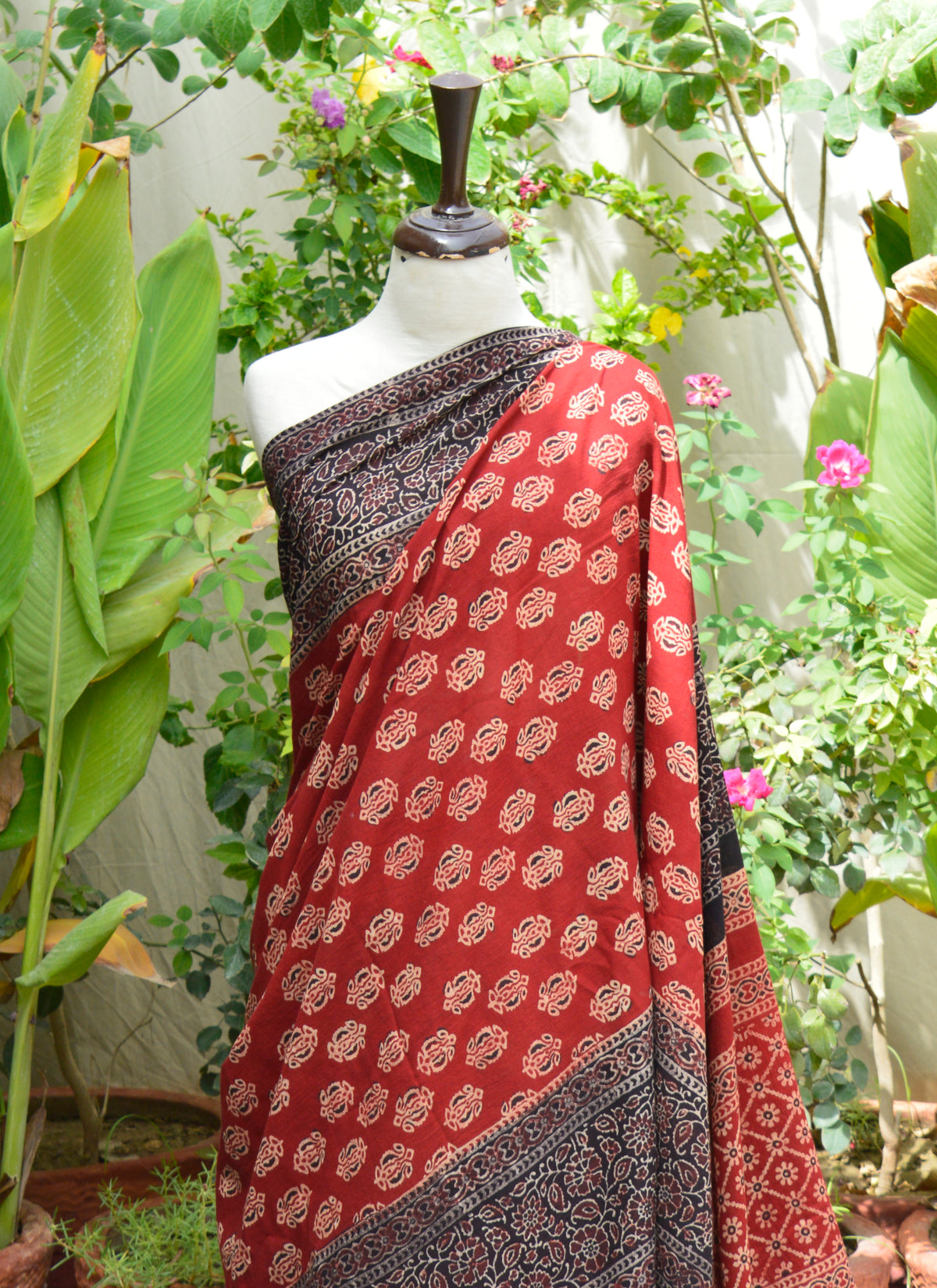 Organic dyed Ajrak floral saree traditional hand block print cotton lawn ethnic wear