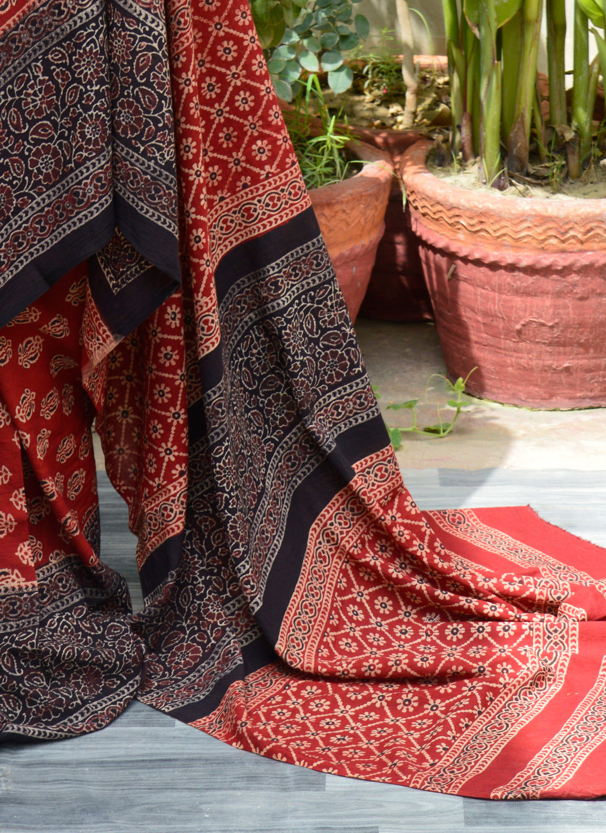 Ajrak Design Saree floral pattern handmade organic dye hand block printed saree