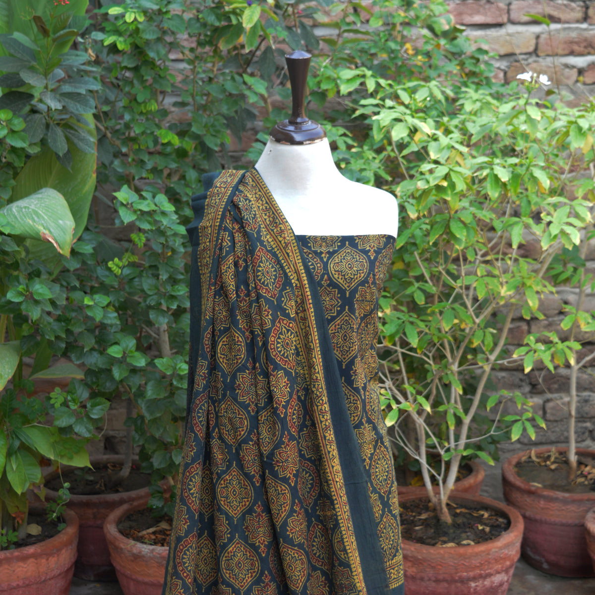 Organic dye hand block printed Ajrak Design Dress green Badam motif