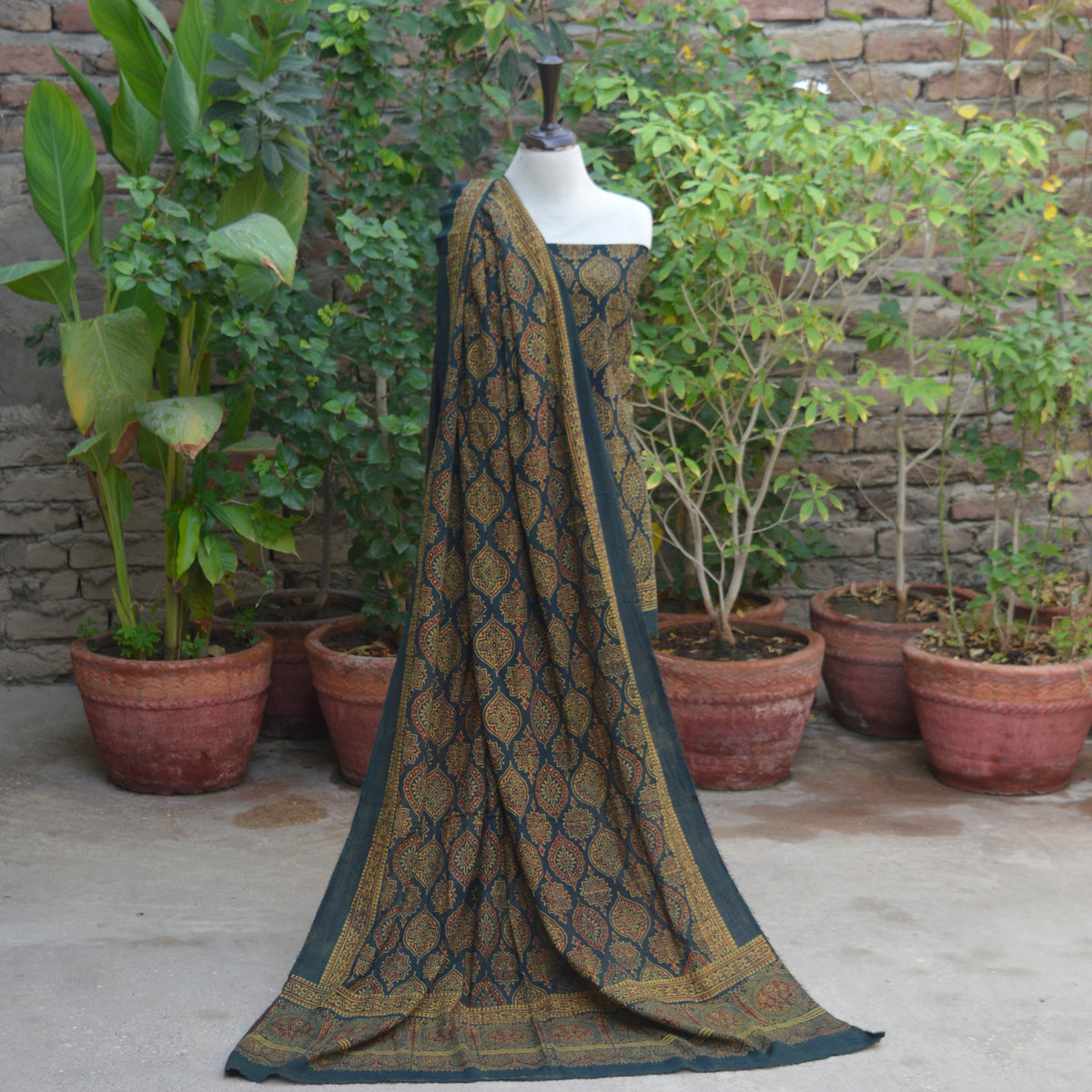 Traditional Ajrak green lawn shirt and dupatta with Badam hand block print
