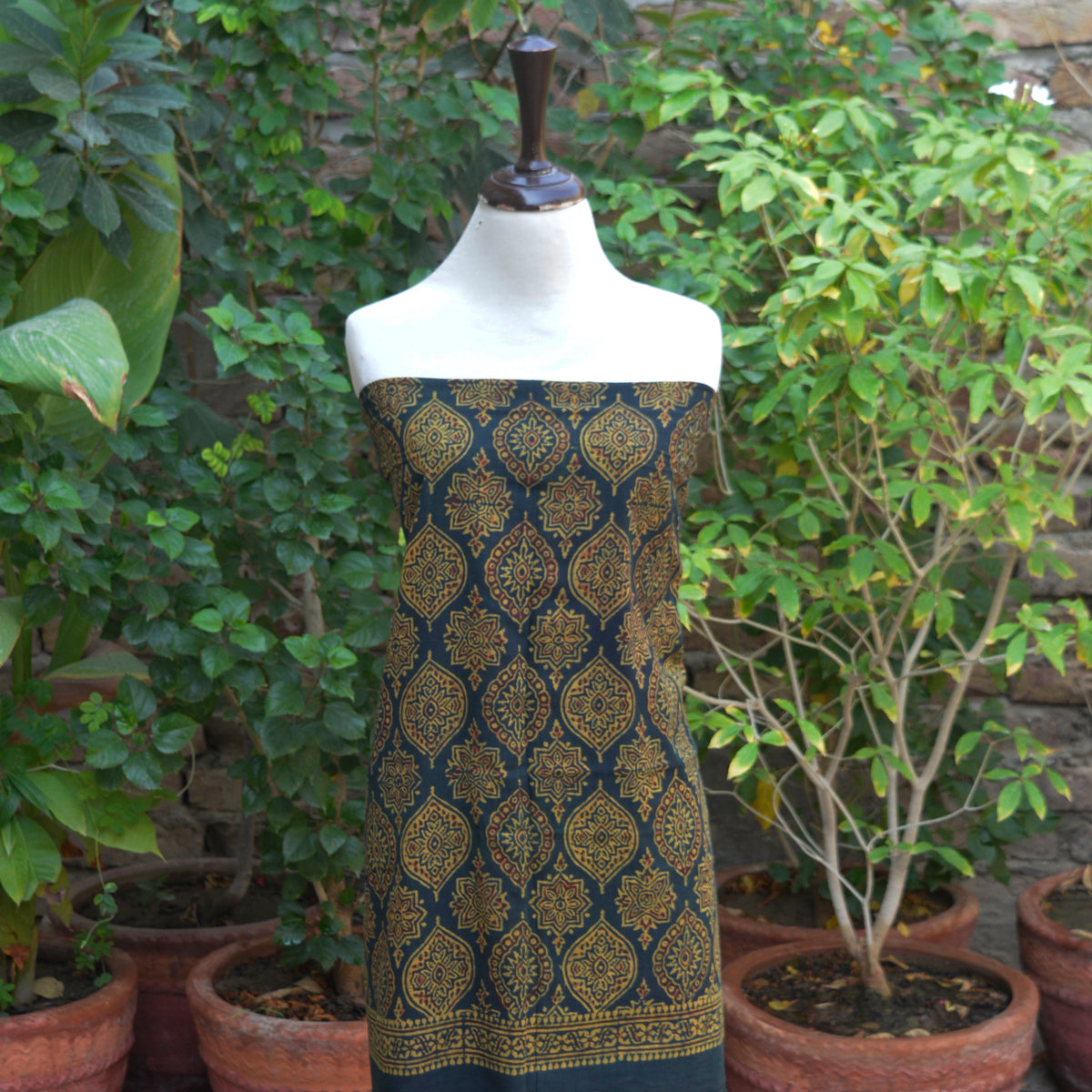 Green Ajrak Badam motif unstitched lawn two-piece dress