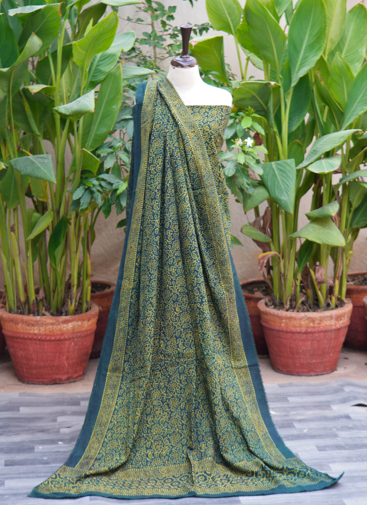 Hand block printed Ajrak Green Floral Bel unstitched cotton two-piece dress with shirt and dupatta, 2.5 meters length and 42–44 inches width each.