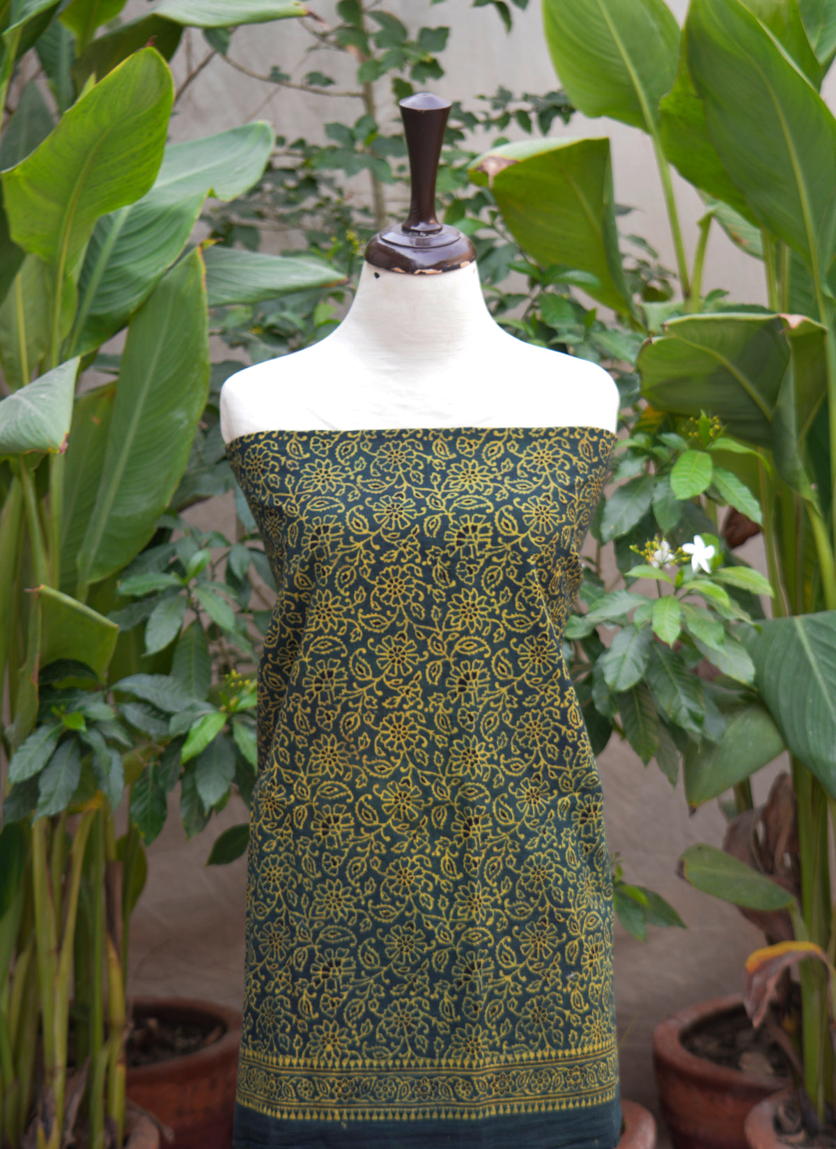 Ajrak Green Floral Bel cotton dress two-piece set for women featuring hand block printed shirt and dupatta, handcrafted in Sindh, Pakistan.