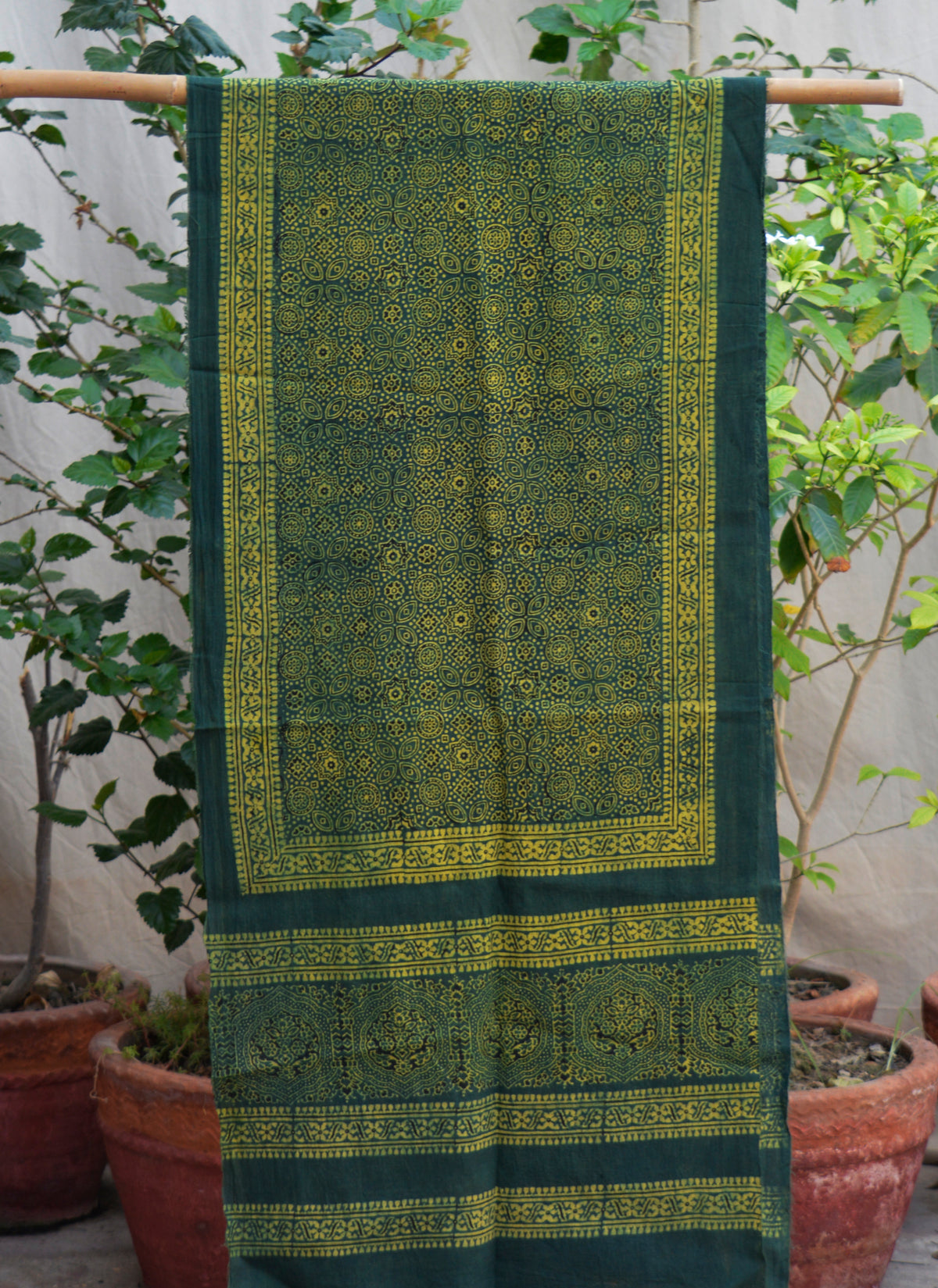 Hand block printed green Ajrak lawn scarf ethnic fashion Pakistan