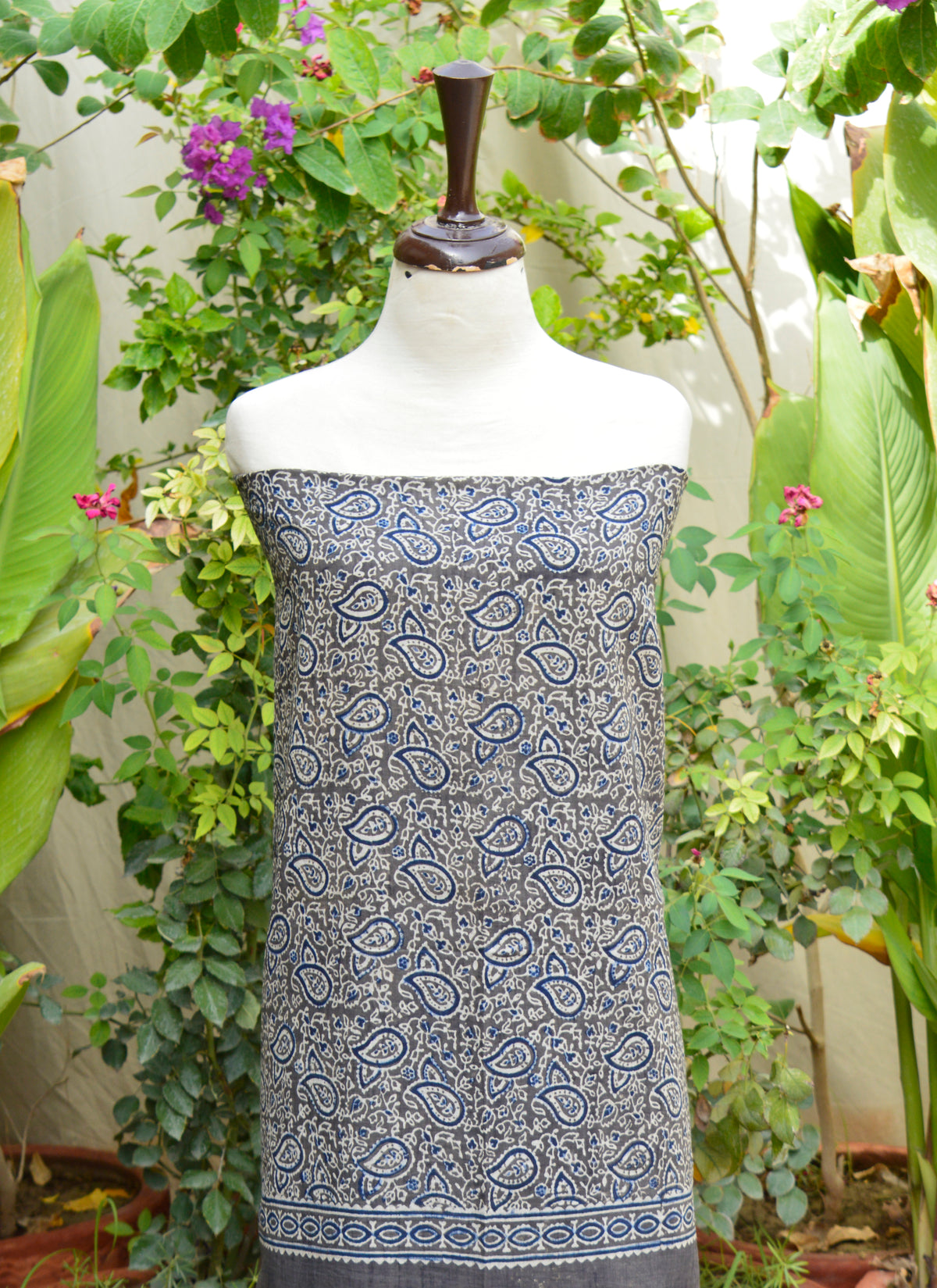 Sindhi Handcrafted Ajrak Design Dress in Grey, Indigo, and Zink Floral Print – Two-Piece Lawn Set
