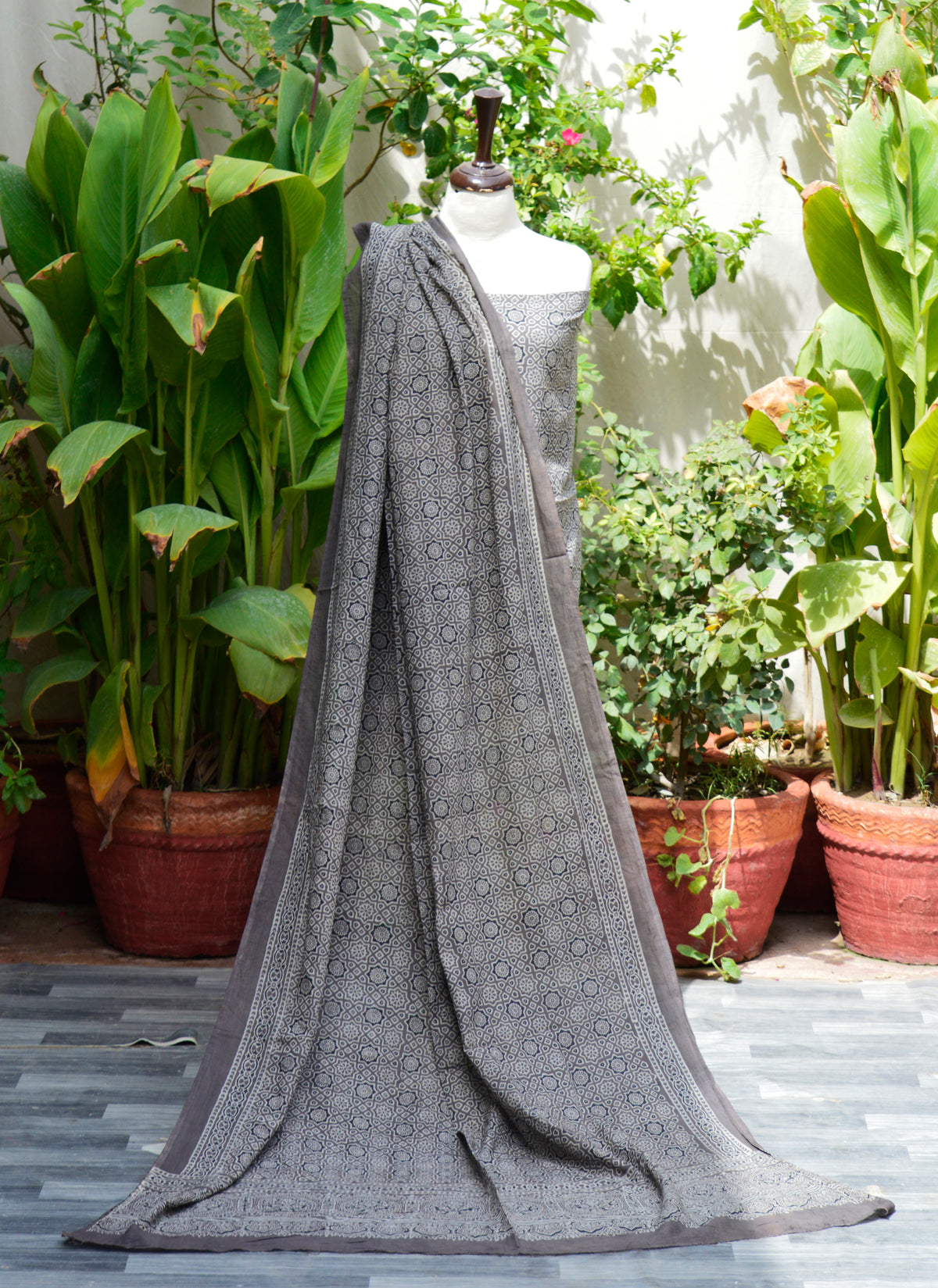 Grey Ajrak suit with Moroccan block print – unstitched lawn fabric