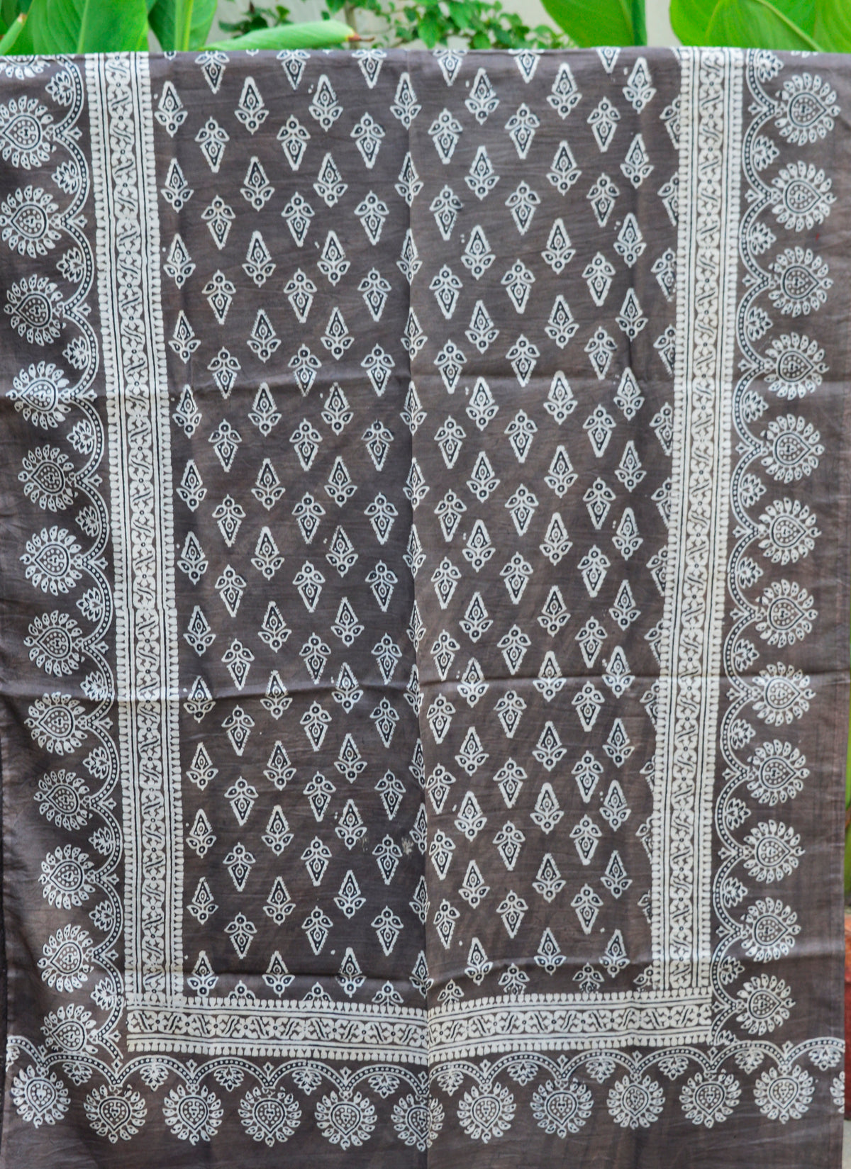 Handcrafted Sindhi Ajrak Hijab in Grey, Floral Butta Design, Eco-Friendly Cotton.