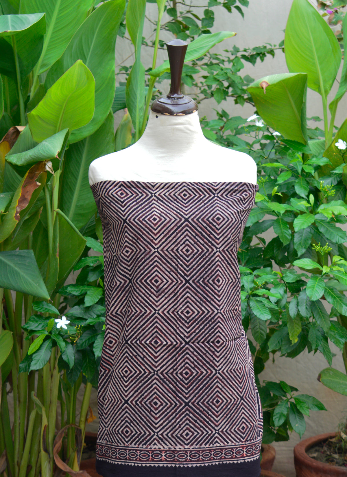Sustainable Ajrak Ikat Two-Piece – Hand Block Printed Organic Cotton Dress with dupatta, cultural and eco-friendly fashion for women.