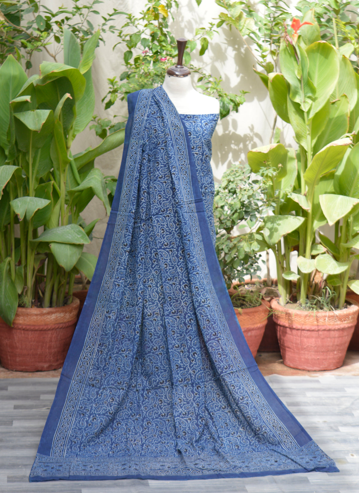 Ajrak design dress indigo chinar leaf organic dye hand block printed two piece Pakistan