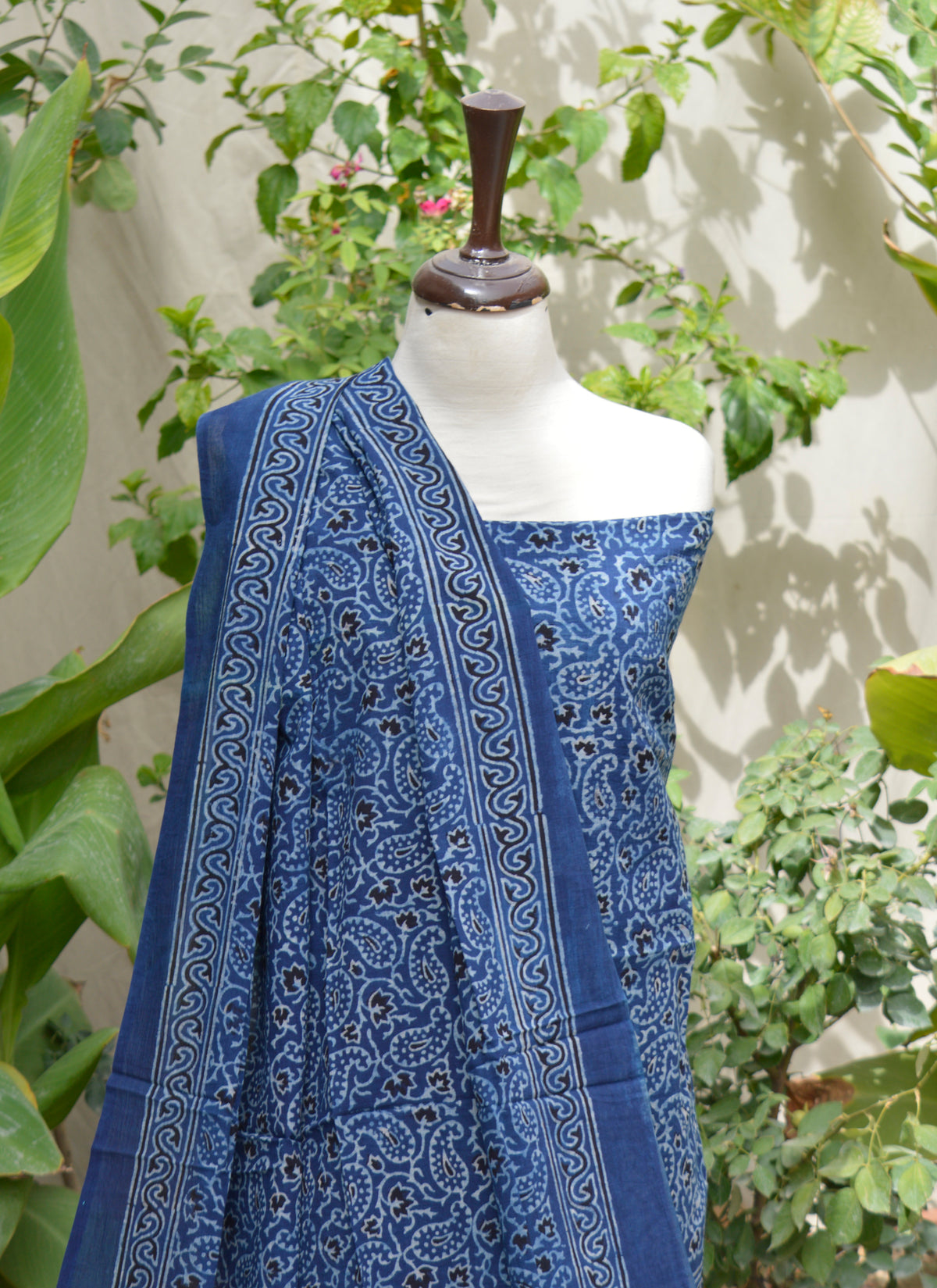 Traditional Sindhi Ajrak shirt and dupatta set with Chinar motifs in indigo and eco-friendly dyes