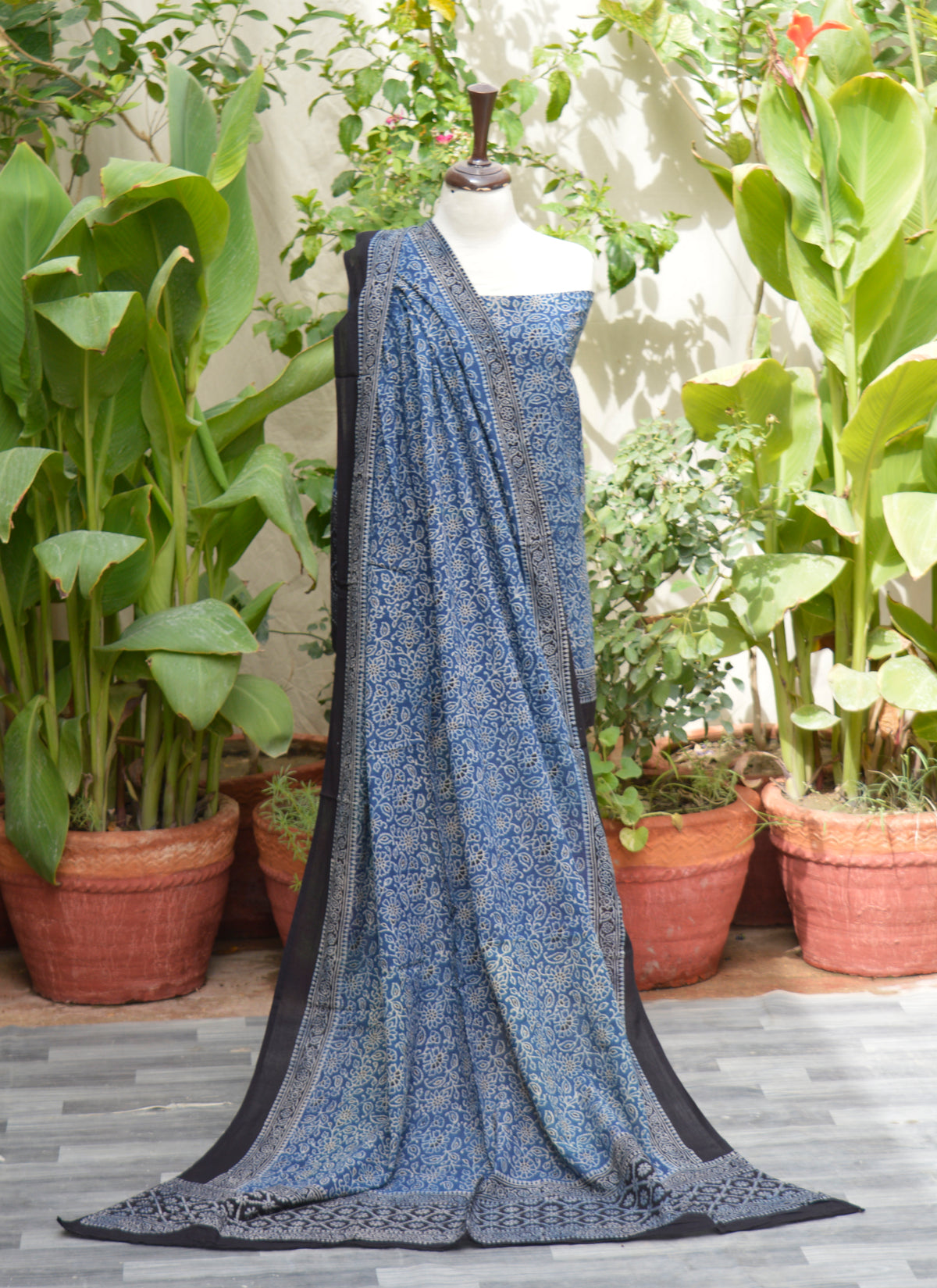 Ajrak Design Dress – indigo floral motif hand block printed using organic dyes on lawn cotton