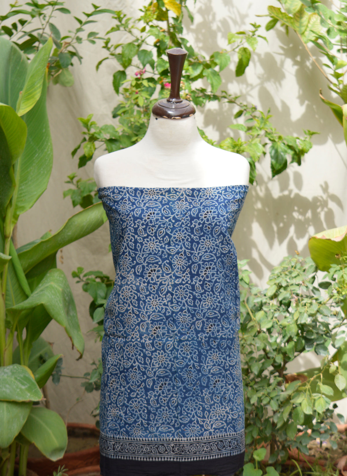 Hand block printed indigo Ajrak shirt and dupatta set made from breathable lawn cotton