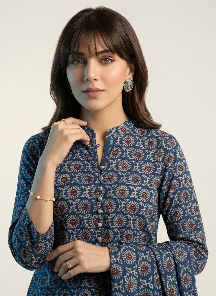 Indigo Midnight Magic Mums Ajrak hand block printed lawn two-piece unstitched shirt and dupatta