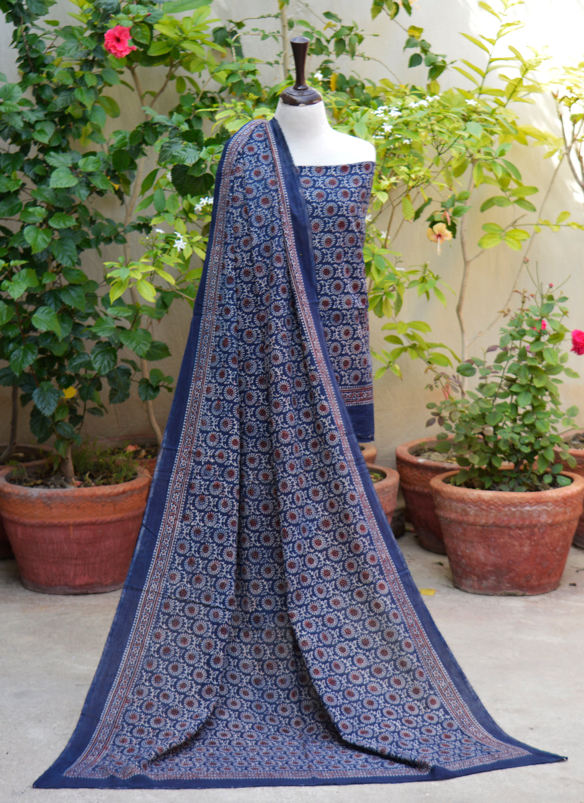Premium hand block printed Ajrak Lawn Suit Indigo floral Mums pattern