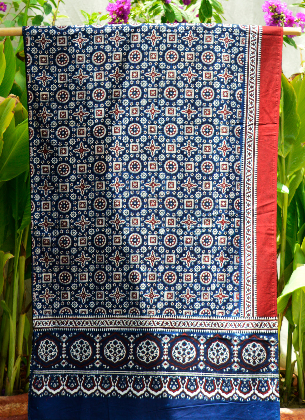 Organic Cotton Kashi Ajrak Blue Variant with Jileb Pattern