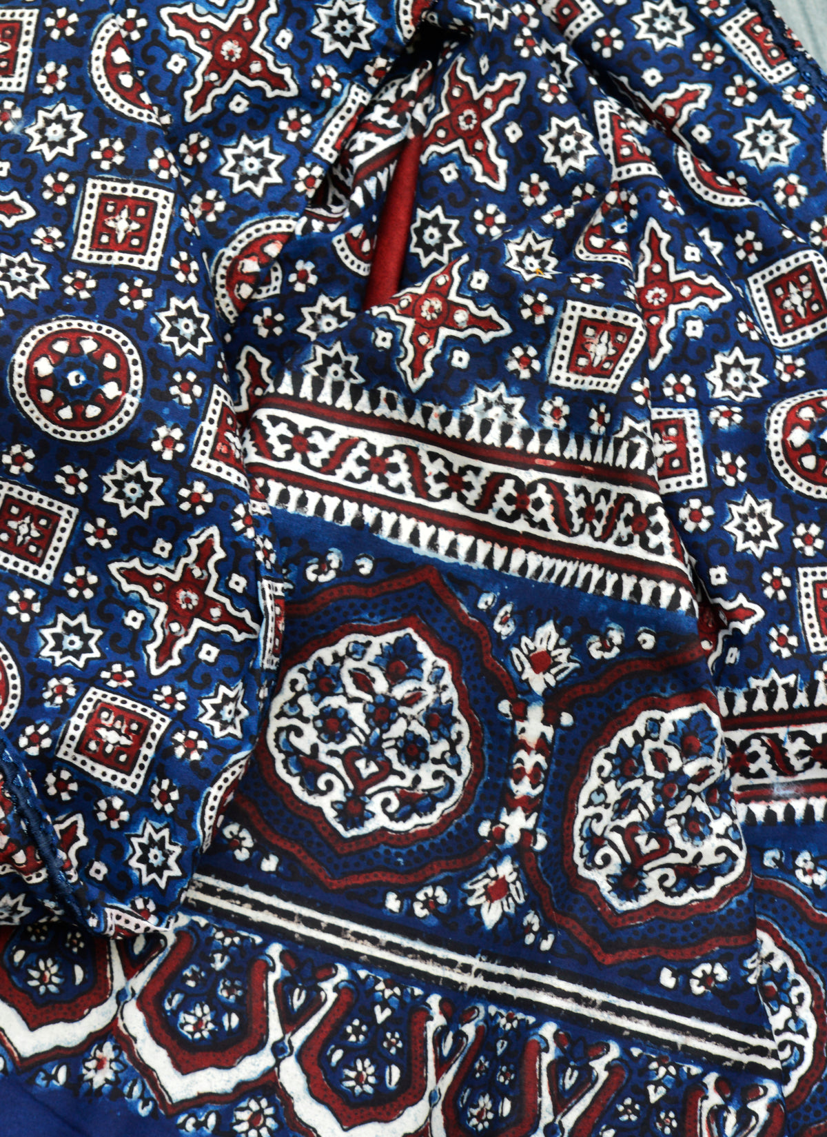 Natural Dye Ajrak Cloth with Geometric Jileb Motifs on Black Base