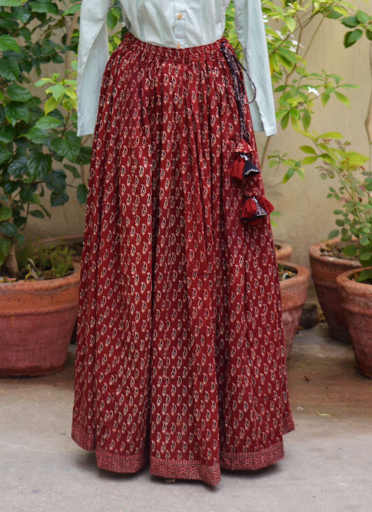 Premium Ajrak lawn maxi skirt with 5 meter flare and tassel dori waist