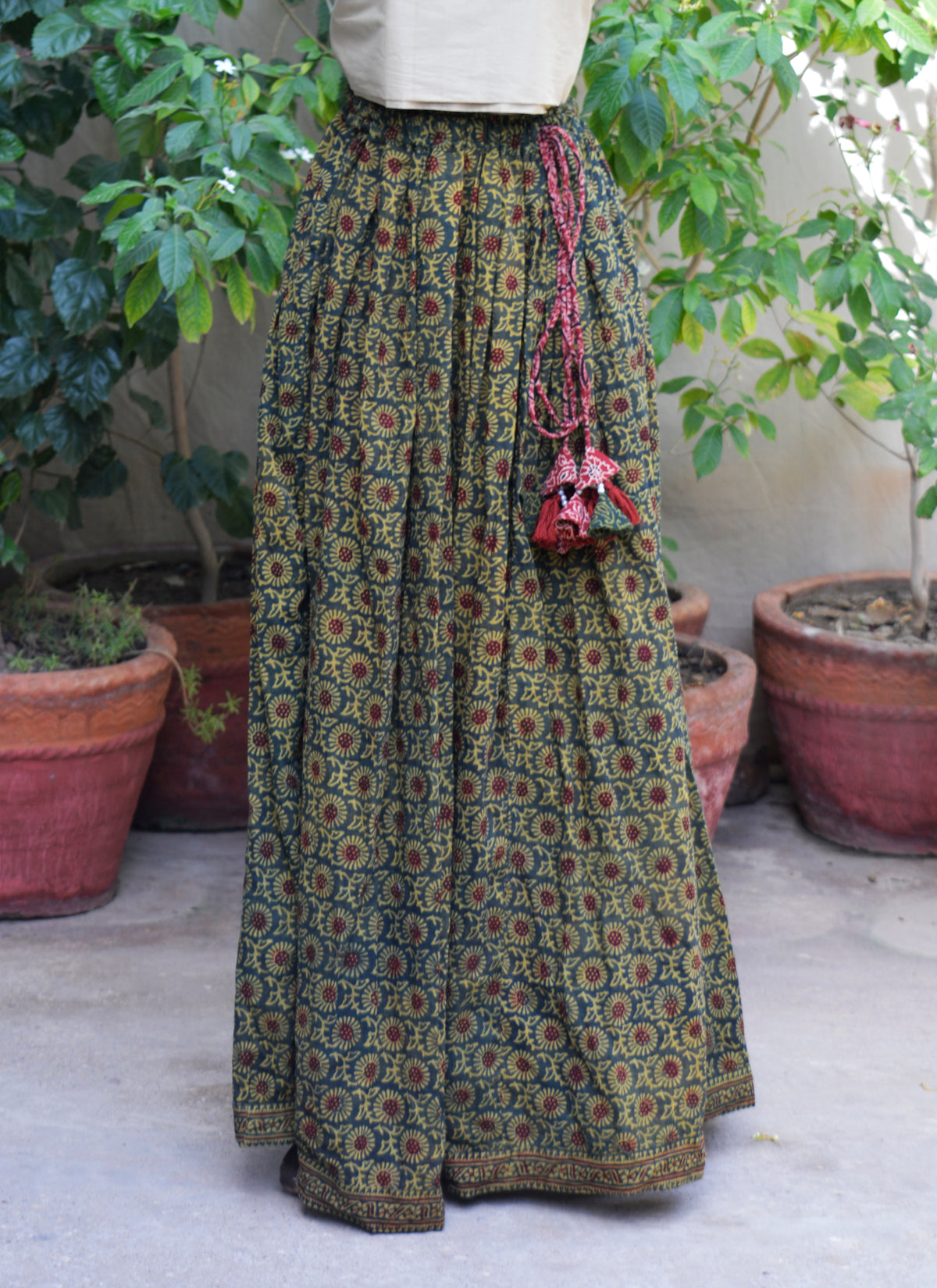 Bohemian lawn Ajrak skirt for women with Green Magic Mums floral pattern