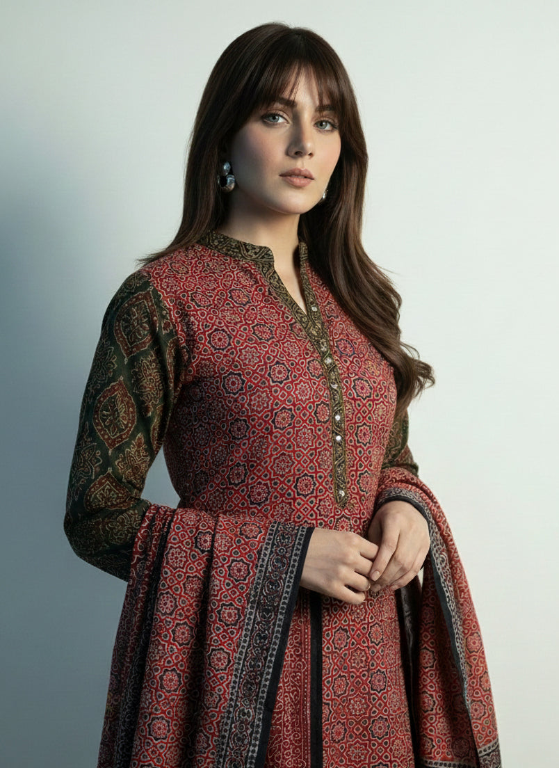 Organic Dyed Hand Block Printed Ajrak Design Dress – Stitched Two-Piece Kurta & Dupatta (Moroccan Motifs Red)