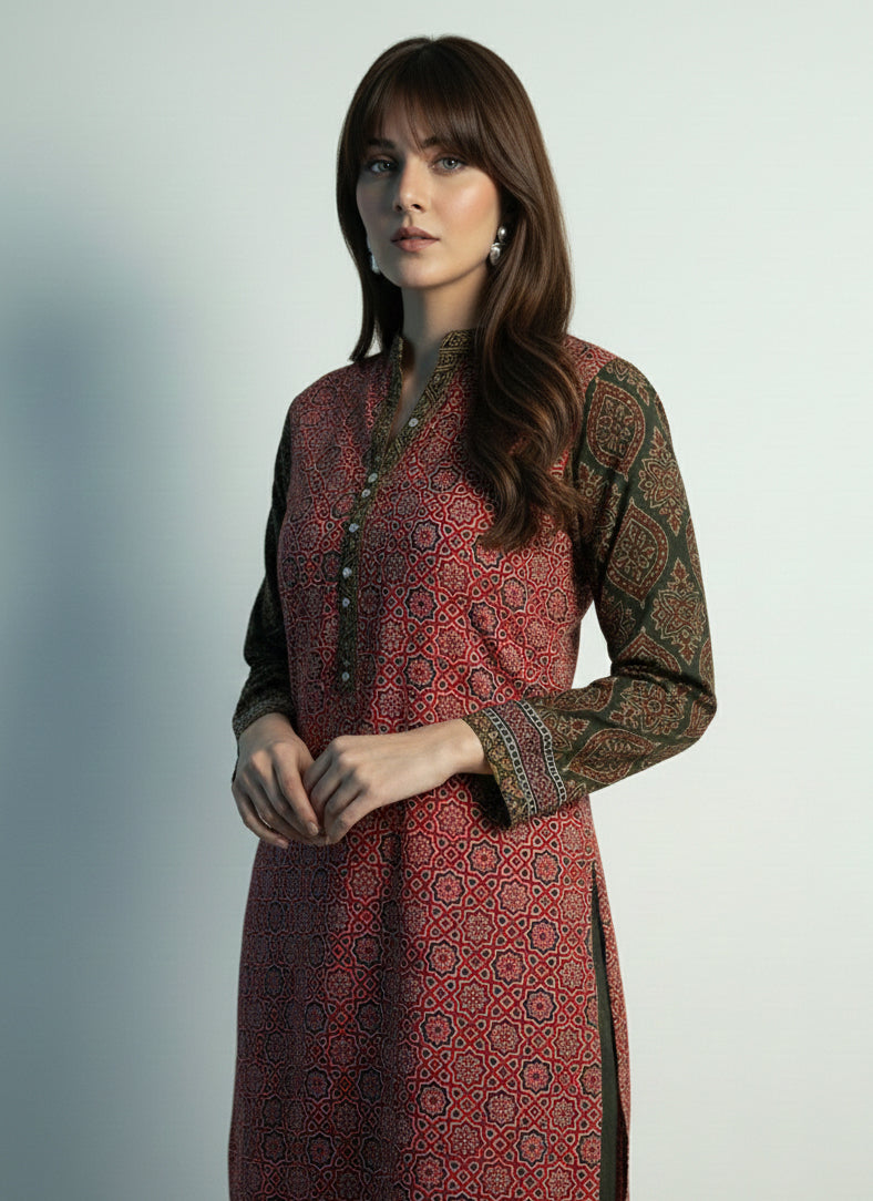 Ajrak design dress stitched two-piece kurta with Badam green sleeves and sitara sequence detailing